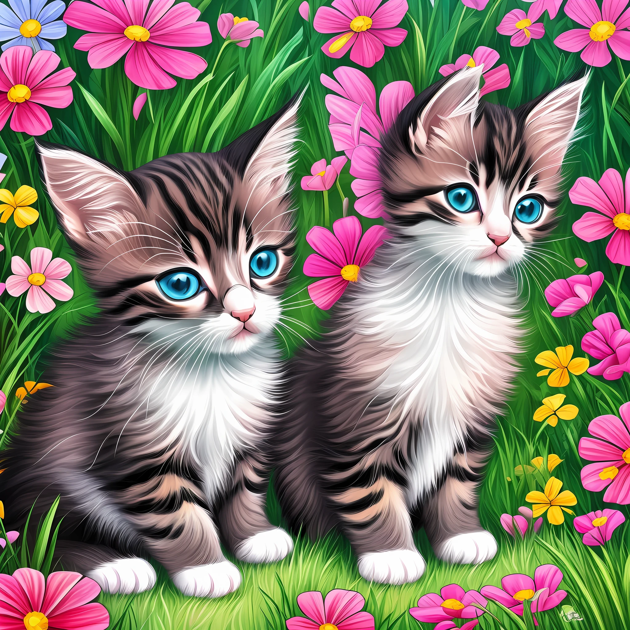 background, painting of cute kittens, flowers. Cartoon. --auto --s2