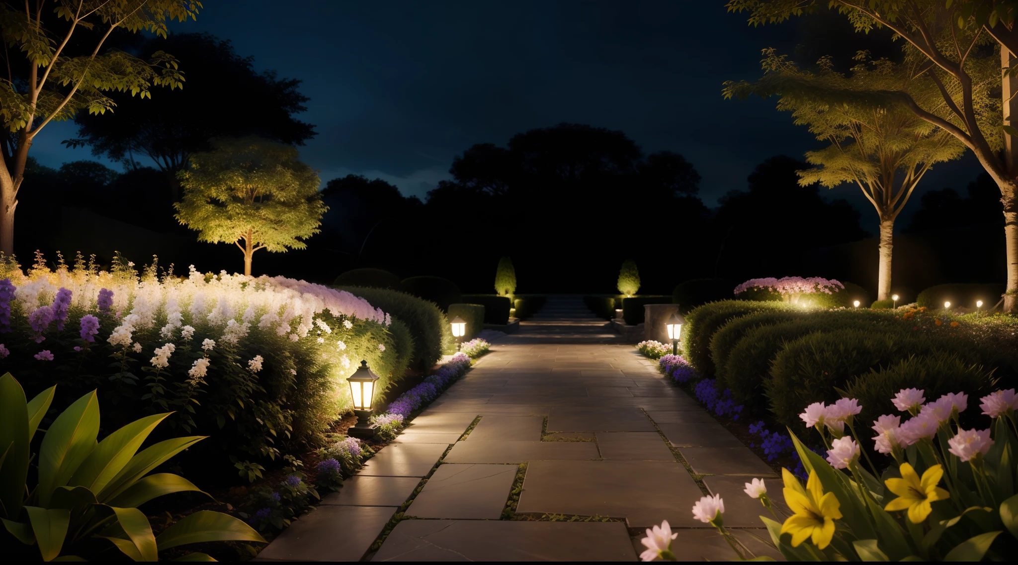 landscape garden with flowers, professional photography, accurate, intricate, vibrant, photorealistic, realistic, dramatic, cinematic lighting, sharp focus, 8k