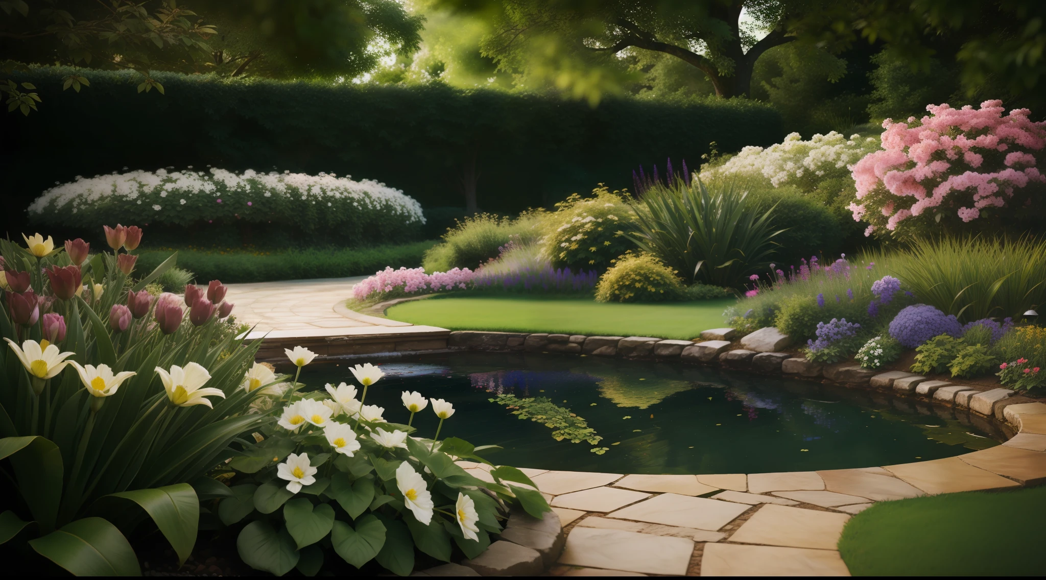 landscape garden with flowers, professional photography, accurate, intricate, vibrant, photorealistic, realistic, dramatic, cinematic lighting, sharp focus, 8k