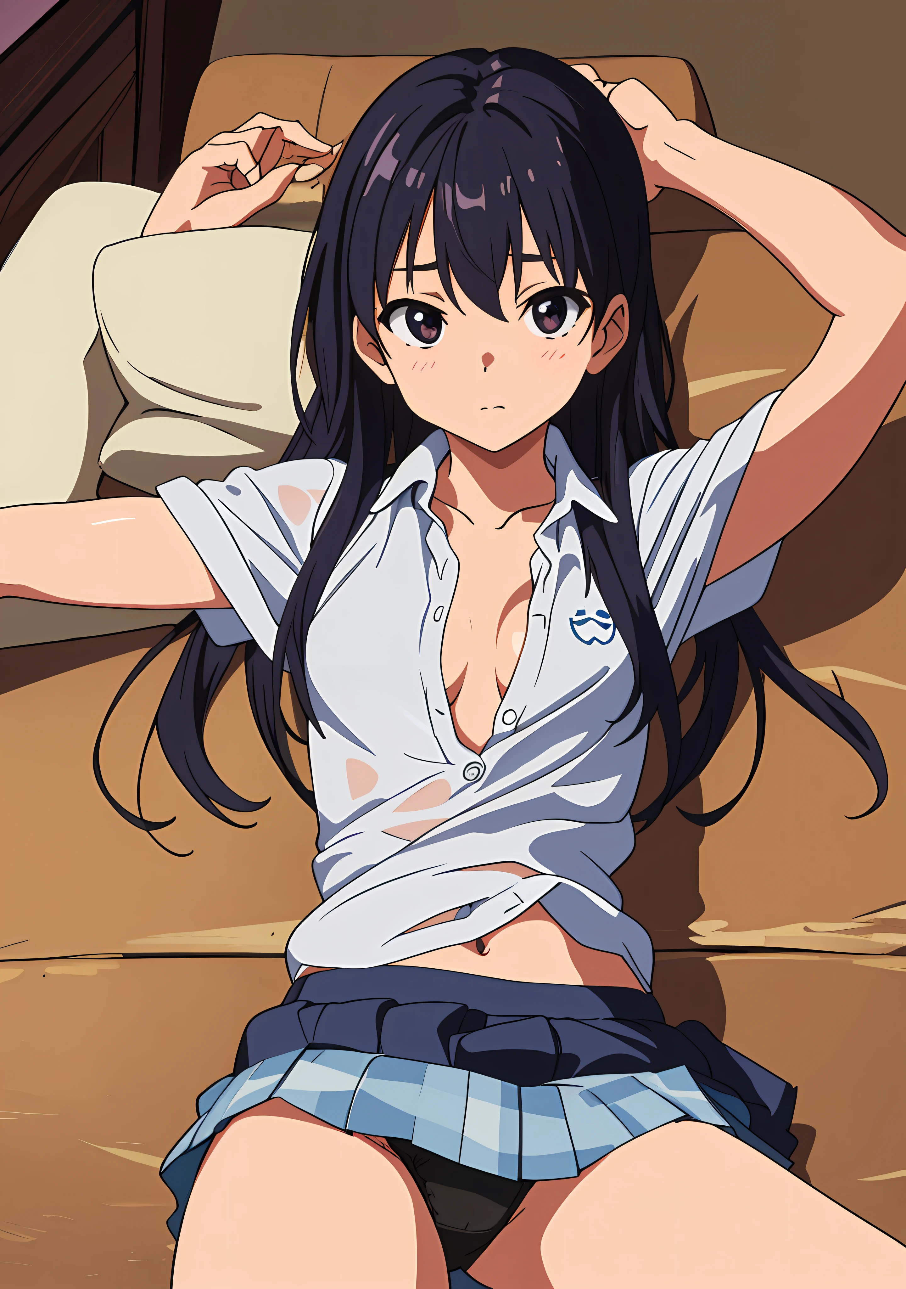 "(A true masterpiece with the best quality). In this NSFW image, a schoolgirl with a flat chest and small tits is lying down adorned in a ripped uniform, looking both shy yet eager to show off. Her cleavage and panties are teasingly visible through her ripped outfit."