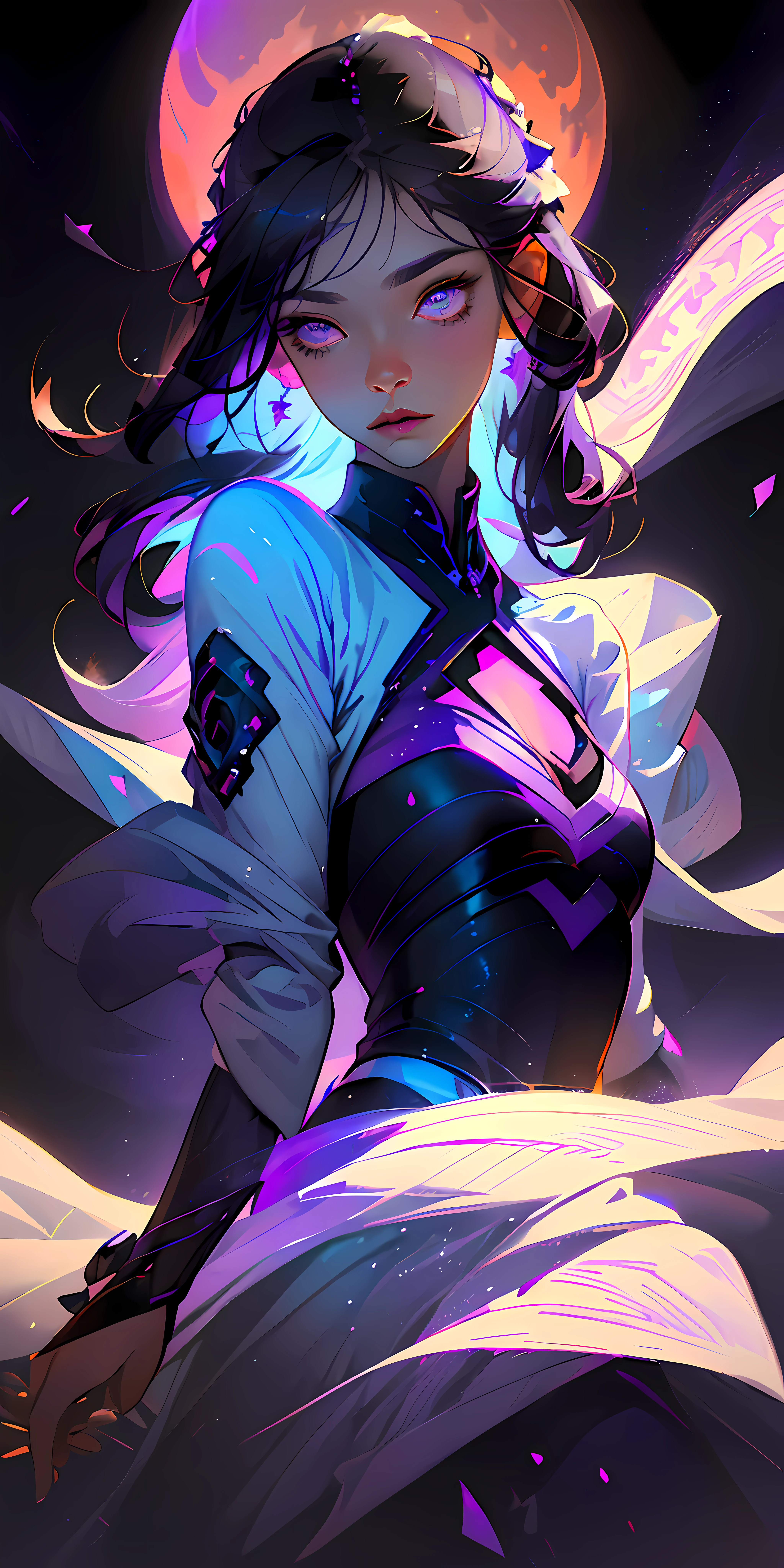 (best quality, masterpiece), 1girl, pose, particle, wind, dark purple neon flower, upper body, simple background, goddess of the moon, purple/gray skin w/ glitter effect
