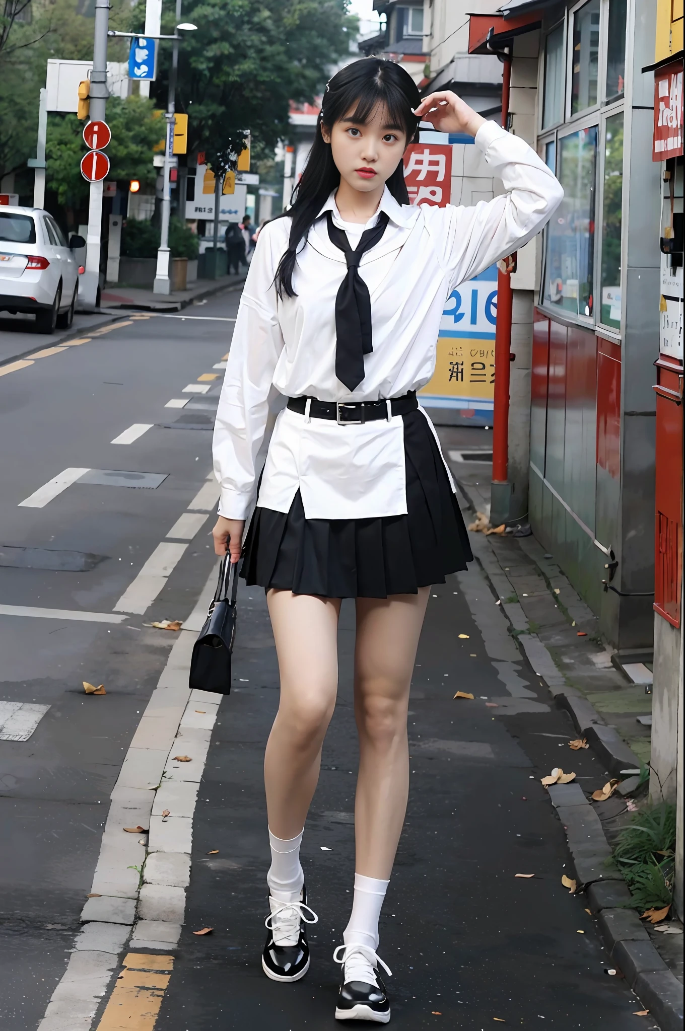 Long Black Hair,White skin,Chines,young,thick eyebrows,Black eyes,Natural expression,Clear white JK uniform,Black JK skirt,Pleated skirt,Rainy streets,Slim legs,white sox,white shoes,full entire body,lifelike,8k,a masterpiece,high res,Anatomically correct,high res