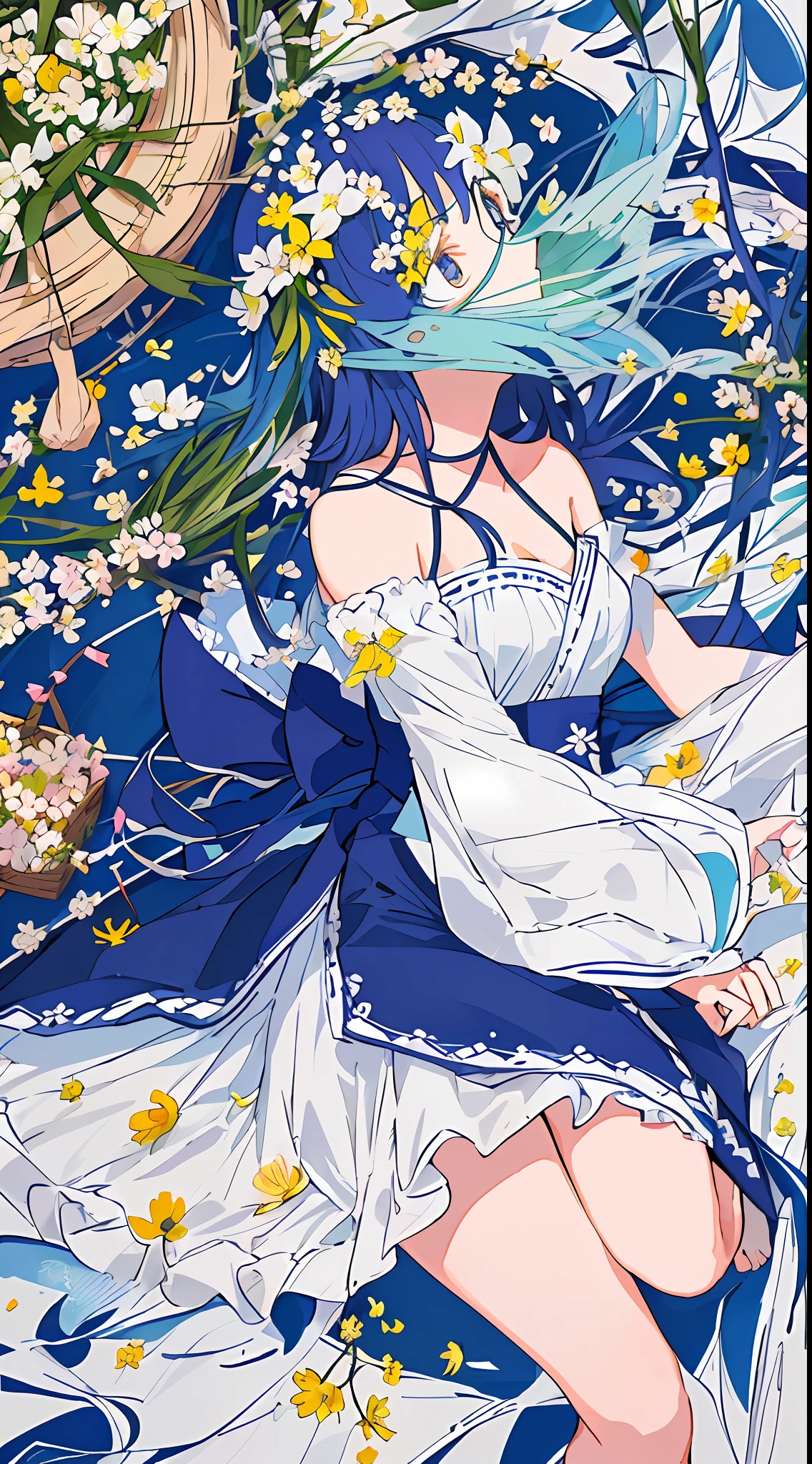 ((masterpiece,best quality)),(1girl, solo:1.4),negative space:1.3,from above,beautiful detailed eyes, vivid, cloudy sky, flower, anemone \(flower\), daffodil, hyacinth,falling petals,sanshoku dango, hanami, picnic, incoming kiss, incoming hug,