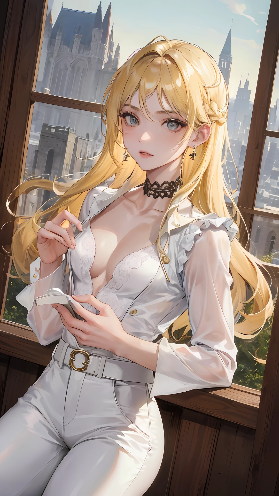 man, masculine, attractive, muscular, ((1man)), masterpiece, absurdres, best quality ,intricate details , (shiny skin, shiny body, shiny oily luster skin, shiny hair, pale skintone), old castle, Sundown, attractive, ((muscular)), adult, one, tattoo ,white blouse, earrings, brown pants, Don't look at the view , Not looking at the view, blonde very long hair, perfect detailed face, perfect detailed hands