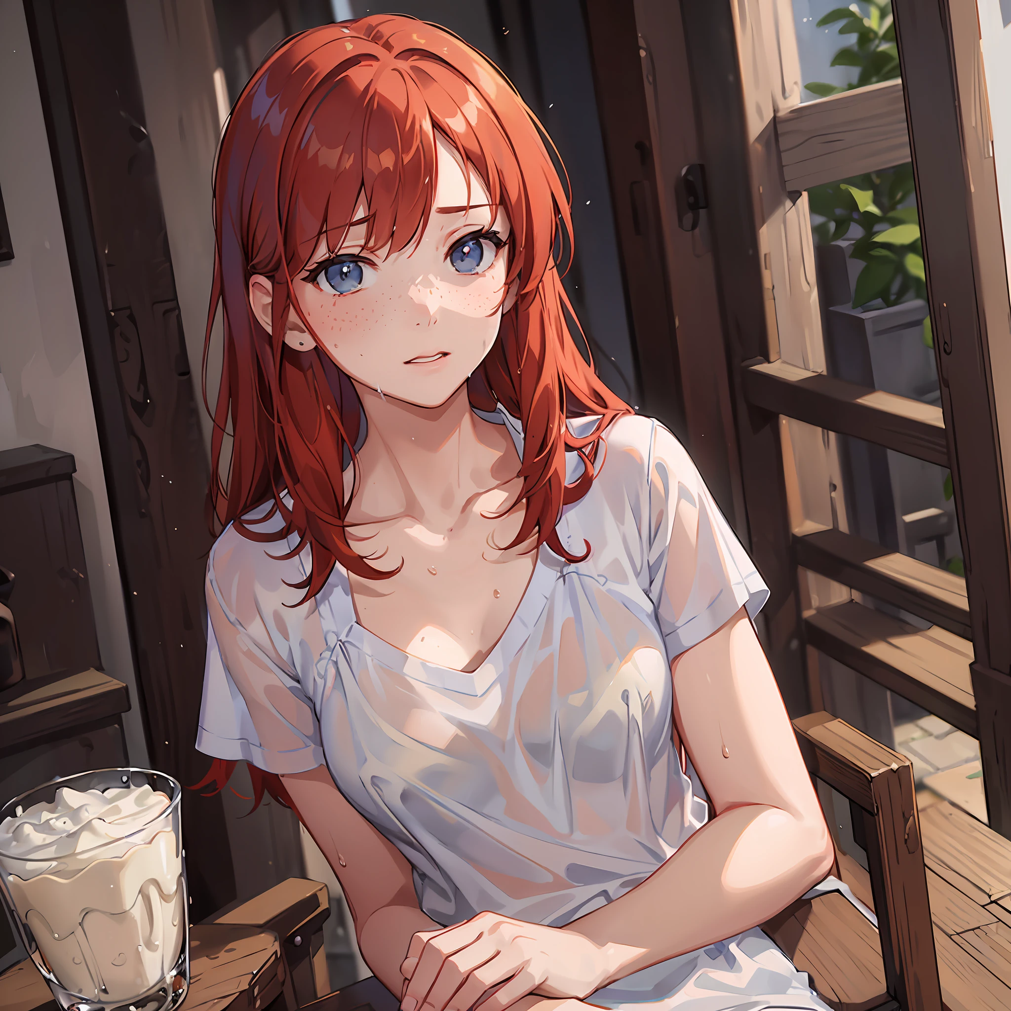 a portrait of a (soaking wet of a milk:1.2) redhead, freckles teacher is sitting on a porch,:  V-neck white shirt: 2], visible through the white top t-shirt, slate atmosphere, cinematic, dimmed colors, dark shot, muted colors, film grainy, lut, insane details, intricate details, hyperdetailed, closeup, twilight --auto --s2