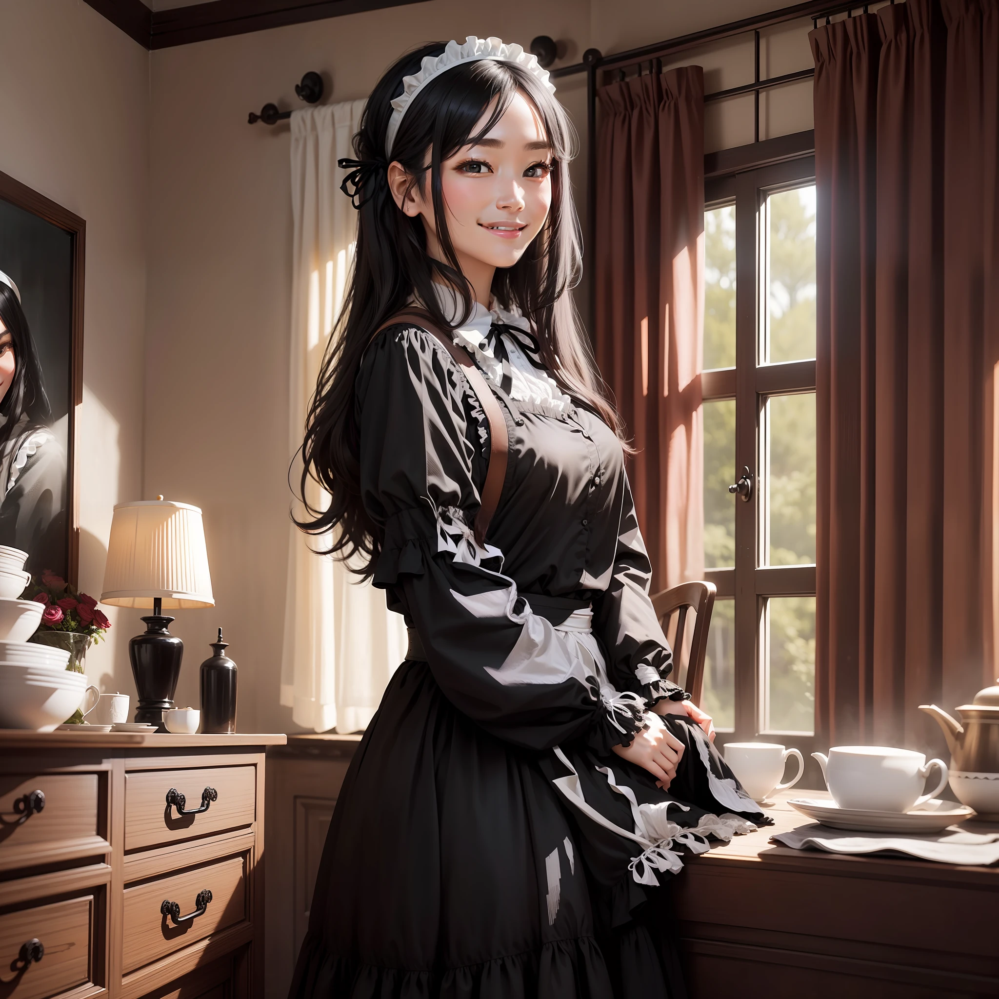 Young female maid living in an old Western-style house、Black clothes、long black hair、a smiling look、White headband、White ribbon