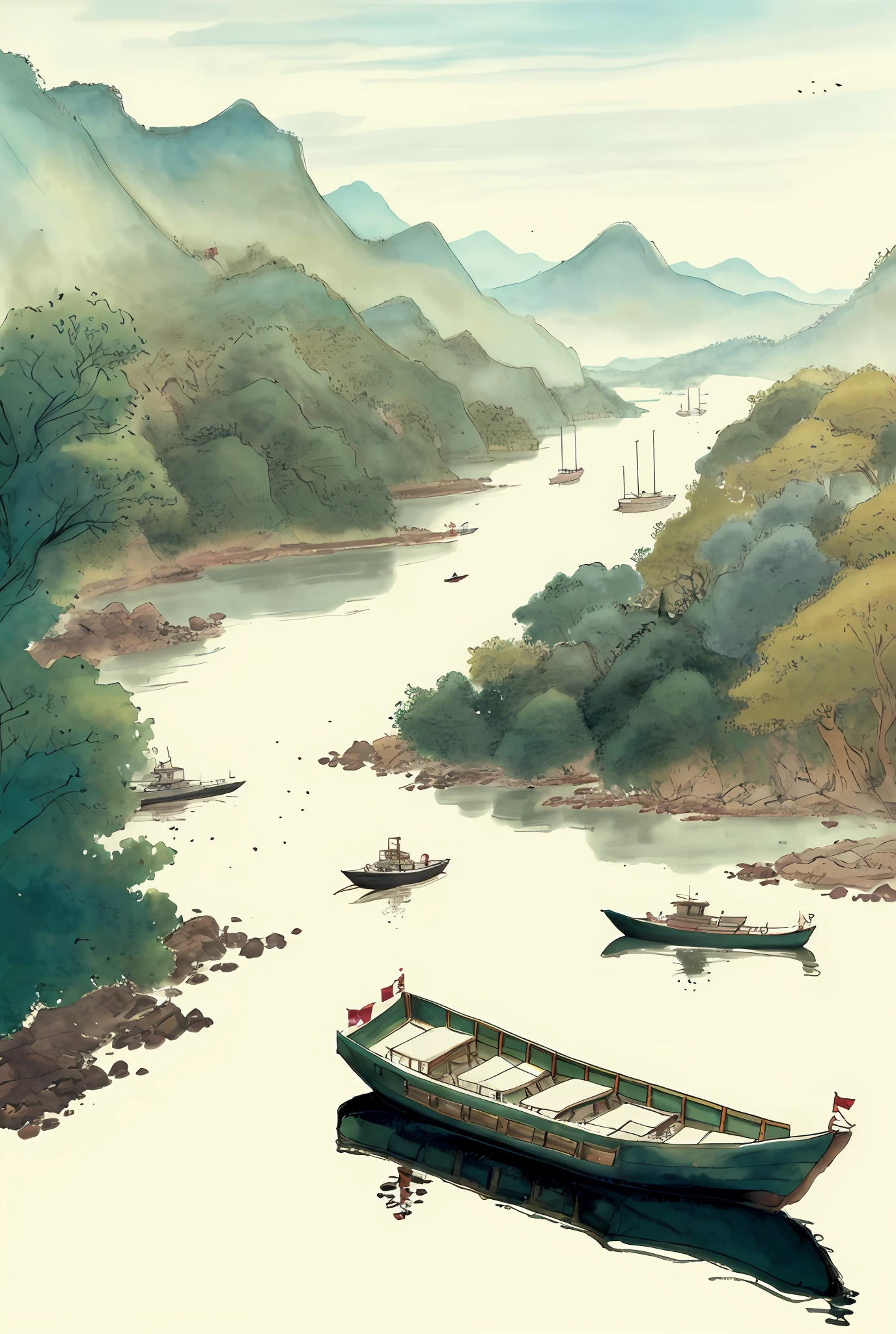 There were five people in a boat on the water, 3 boat in river, a beautiful artwork illustration, landscape illustration, author：Yi Renwen, 4 k hd wallpaper illustration, background artwork, mobile wallpaper, serene illustration, scenery artwork, full page illustration, colored illustration, vibrant tourism poster, mobile game background, background art, poster illustration, 4 k hd illustrative wallpaper