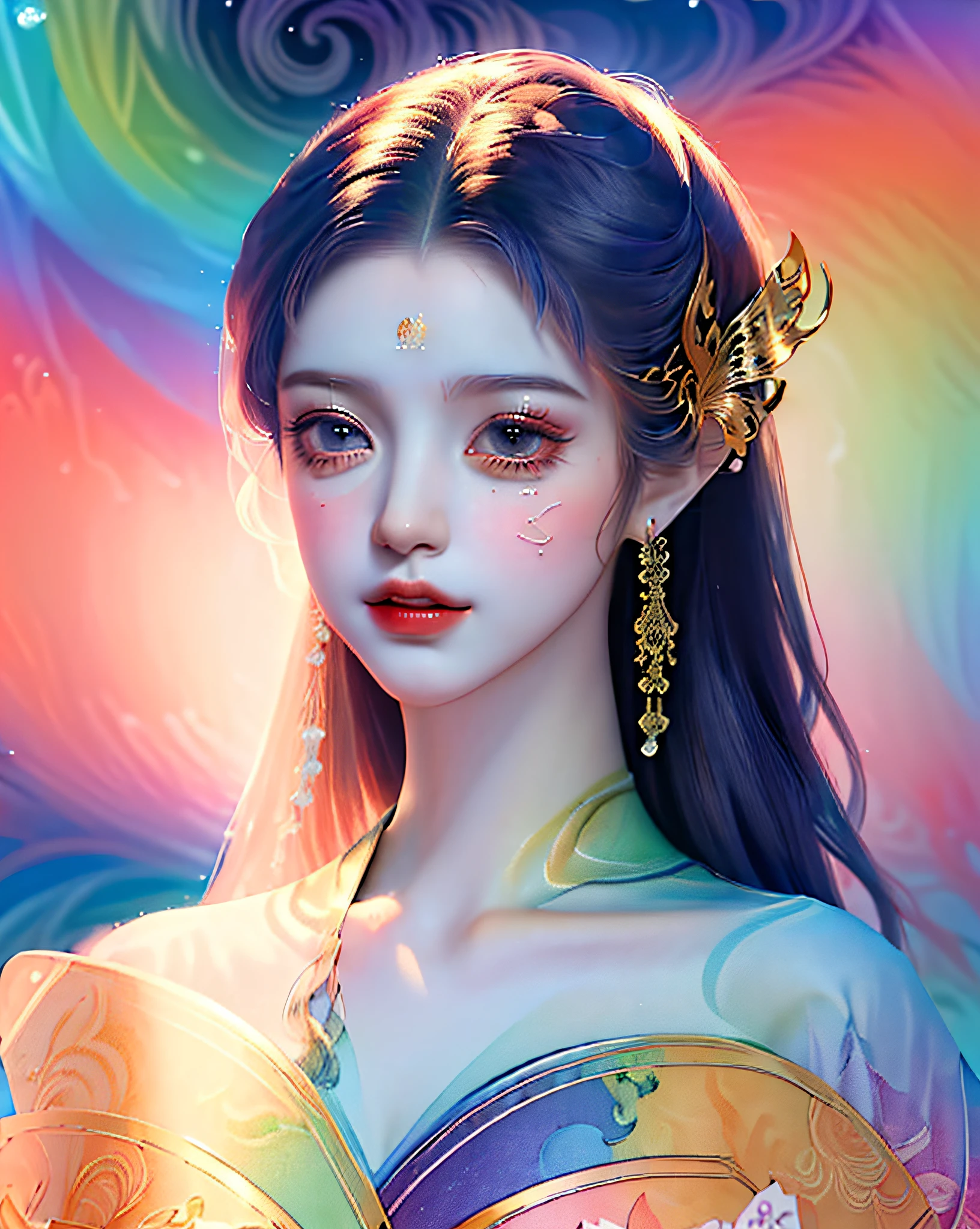(masterpiece, top quality, best quality, official art, beautiful and aesthetic:1.2), (1girl:1.3), extremely detailed,(fractal art:1.2),colorful,highest detailed,(zentangle:1.2), (dynamic pose), (abstract background:1.5), (treditional dress:1.2), (shiny skin), (many colors:1.4), upper body