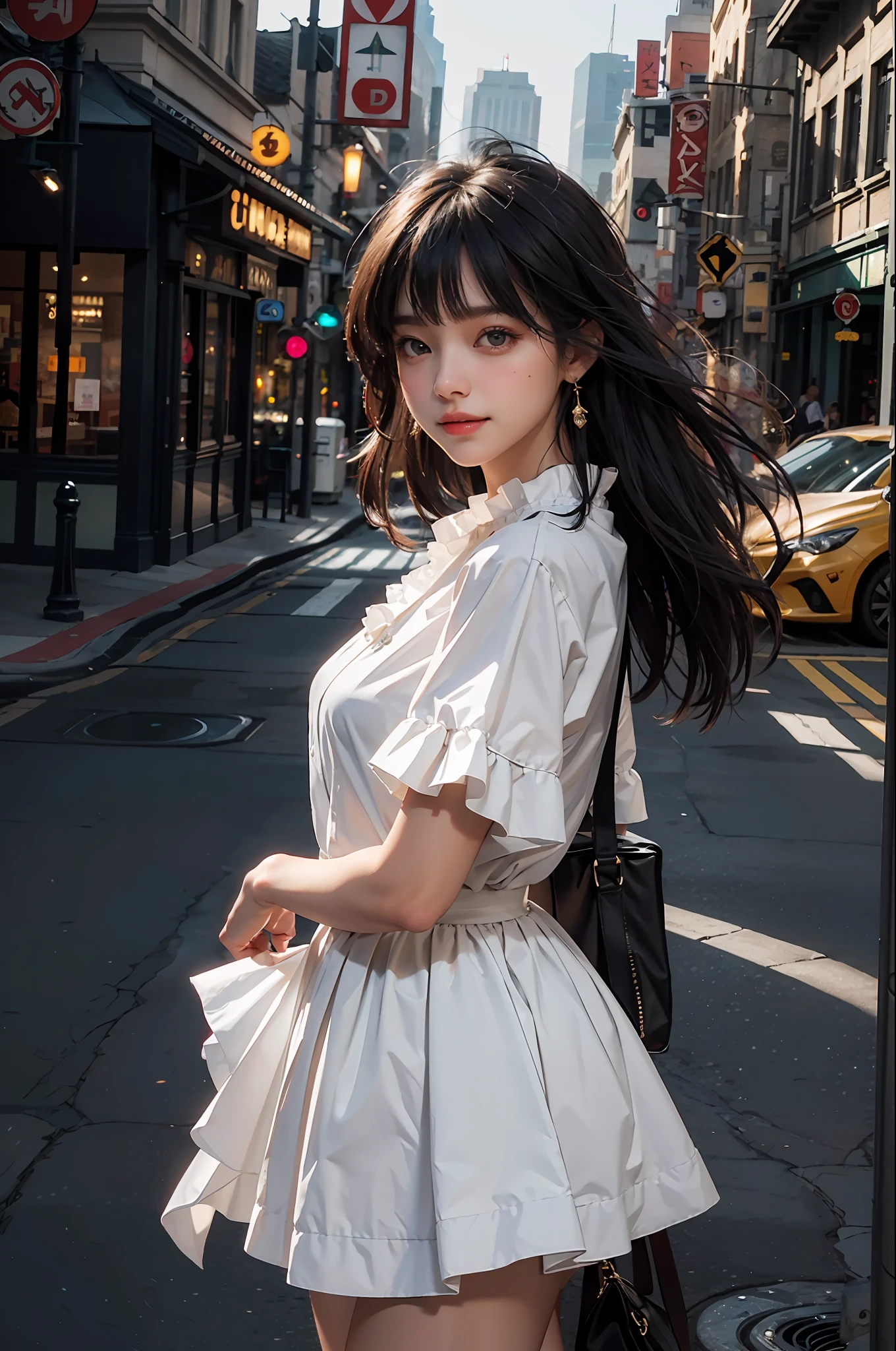8k，RAW photos，Bestquality，a masterpiece：1.2），ultra detail，ultrahighres， （lifelike，photo of-realistic：1.37），High detail RAW color photo，professional photo， A very delicate and beautiful，Very detailed 8k wallpaper，Amazing，Fine details，hugefilesize，offical art，Extremely detailed CG Unity 8k wallpaper， extremely detailed beautiful girl，Extremely detailed face，extremely detailed eyes，extremely detailed skin，extremely detailed fingers，extremely detailed nose，Extremely delicate mouth，perfect antomy，Extremely detailed background，Extremely complex background，extremely detailed clothing，1girle，Medium Breast，star eye，Blushing face，， cute girl， Realistic body， Fair skin，Skin is shiny，Slim figure，Good figure， dark hair，long straight hair，（blunt bangs：1.2）， smile,、,、, Adorable， young， lovely face， Nice face， Realistic face， small face， Beautiful Detailed Eyes，（frill blouse：1.2），Light blue shirt，White Short skirt，Earring， look at the viewer，（Cowboy lens：1.2），Front View，standing pose，opposition， out door， （Daytime：1.2）， cityscape， depth， shangha， the street， Professional Lighting，