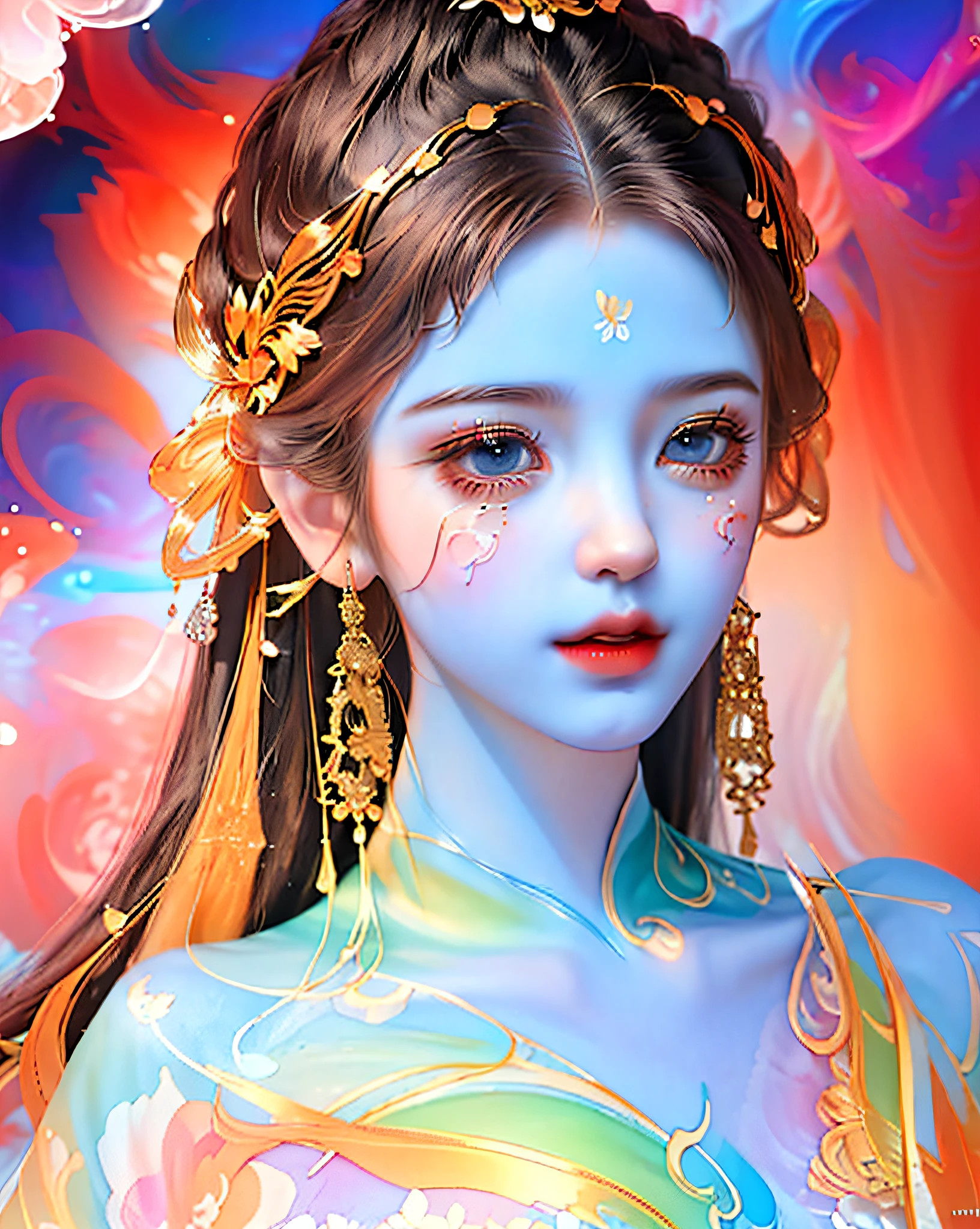 (masterpiece, top quality, best quality, official art, beautiful and aesthetic:1.2), (1girl:1.3), extremely detailed,(fractal art:1.2),colorful,highest detailed,(zentangle:1.2), (dynamic pose), (abstract background:1.5), (treditional dress:1.2), (shiny skin), (many colors:1.4), upper body