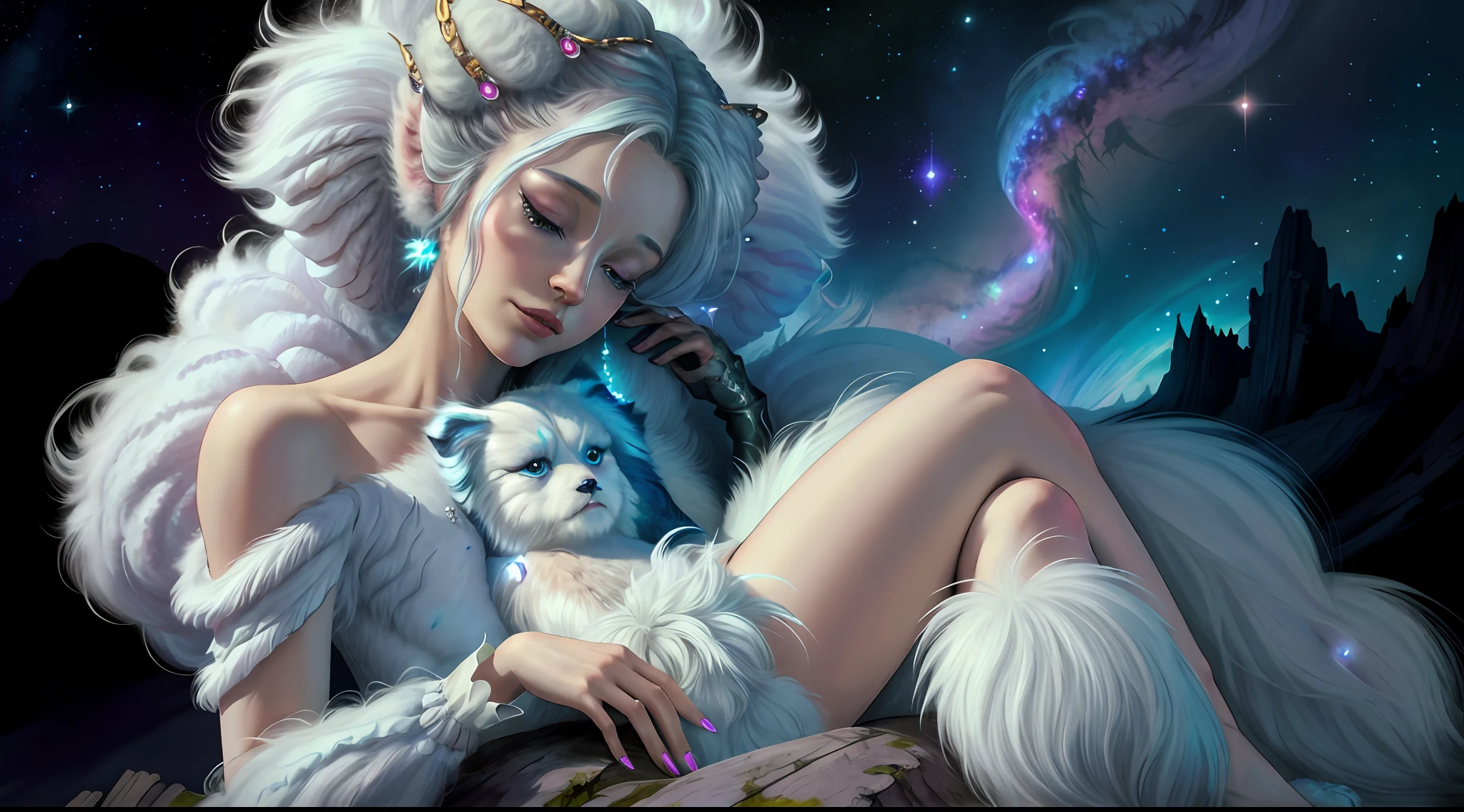 breathtaking masterpiece, best quality, highest quality, highly detailed, exquisite, award winning 8K digital painting of an ethereal and (incredibly beautiful female alien:1.4) with luminescent body parts that shimmer like stardust (lying gracefully on a steep cliff:1.2), casting a watchful gaze over (the galaxy:1.33), (a fluffy creature rests on her shoulder:1.8), intricate details, golden ratio, BaroqueAI, v0id3nergy, by Louis Royo