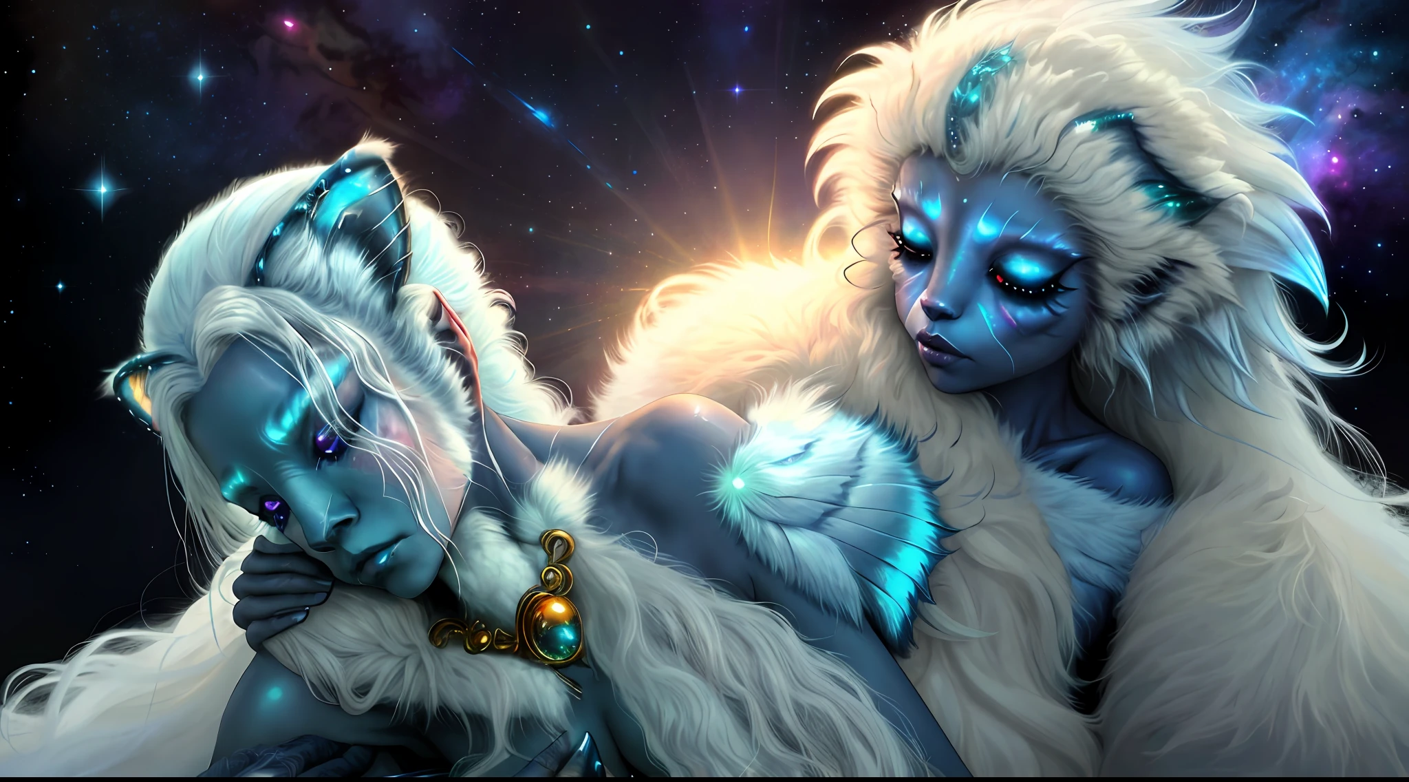 breathtaking masterpiece, best quality, highest quality, highly detailed, exquisite, award winning 8K digital painting of an ethereal and (incredibly beautiful female alien:1.4) with luminescent body parts that shimmer like stardust (lying gracefully on a steep cliff:1.2), casting a watchful gaze over (the galaxy:1.33), (a fluffy creature rests on her shoulder:1.8), intricate details, golden ratio, BaroqueAI, v0id3nergy, by Louis Royo
