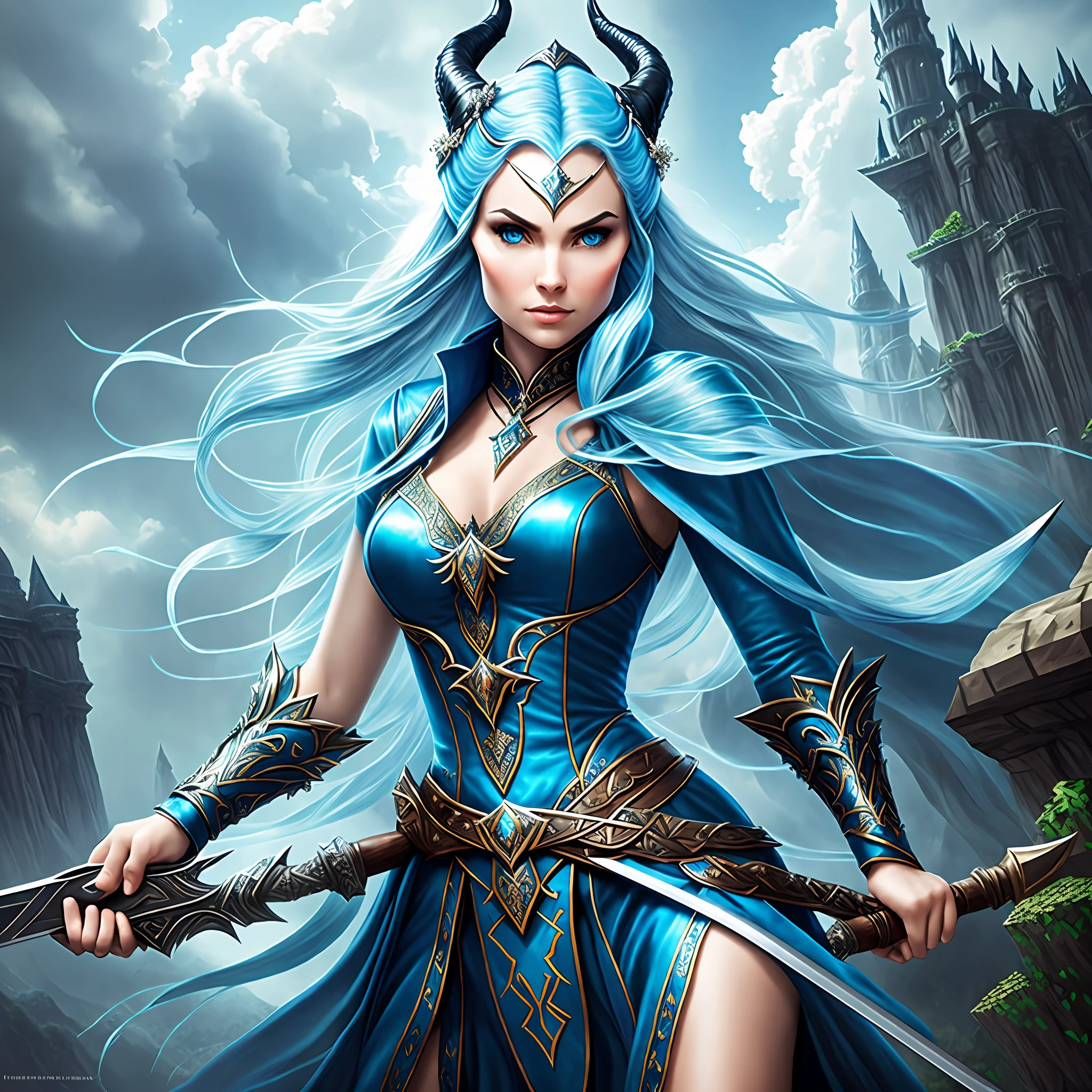 I present to you a refined depiction, blending realism with the Minecraft aesthetic: a resolute elven warrior princess, adorned with flowing blue tresses and piercing eyes that exude wisdom and composure. She gracefully navigates between realms, traversing ethereal cloud portals, wielding a maleficent netherite sword with unwavering prowess. Let this captivating vision embody the profound essence that "Imagination is the most formidable instrument for forging extraordinary realms." --auto --s2