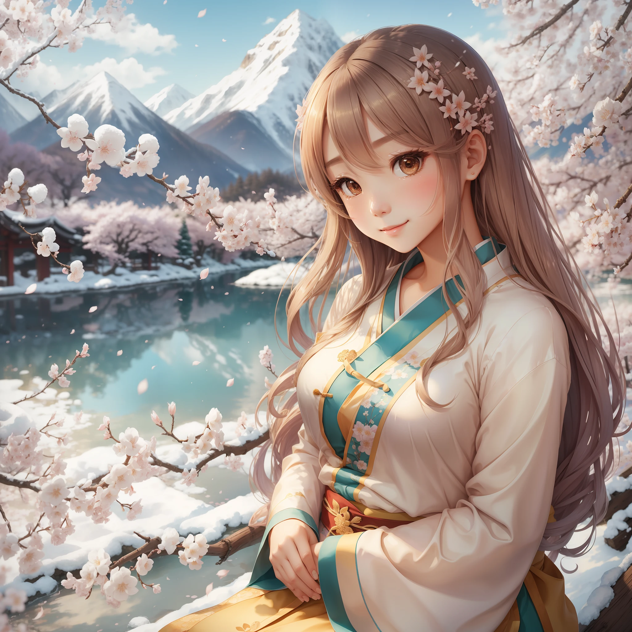 Nude shirts，Medium Breast，Ole no Imotogakonani Kawaii awakens Kana，（a masterpiece：1.2），（lifelike，Photo realism），（1girle），solo，Detailed golden eyes，length hair，sitting，Be close to the audience，（Hanfu，Ming Dynasty，Ming clothing：1.4），light smile，（Behind your arms），aqua，the sun is shining wide shot，（Cherry blossoms are in full bloom），Snowy mountain lake in the background， --auto --s2