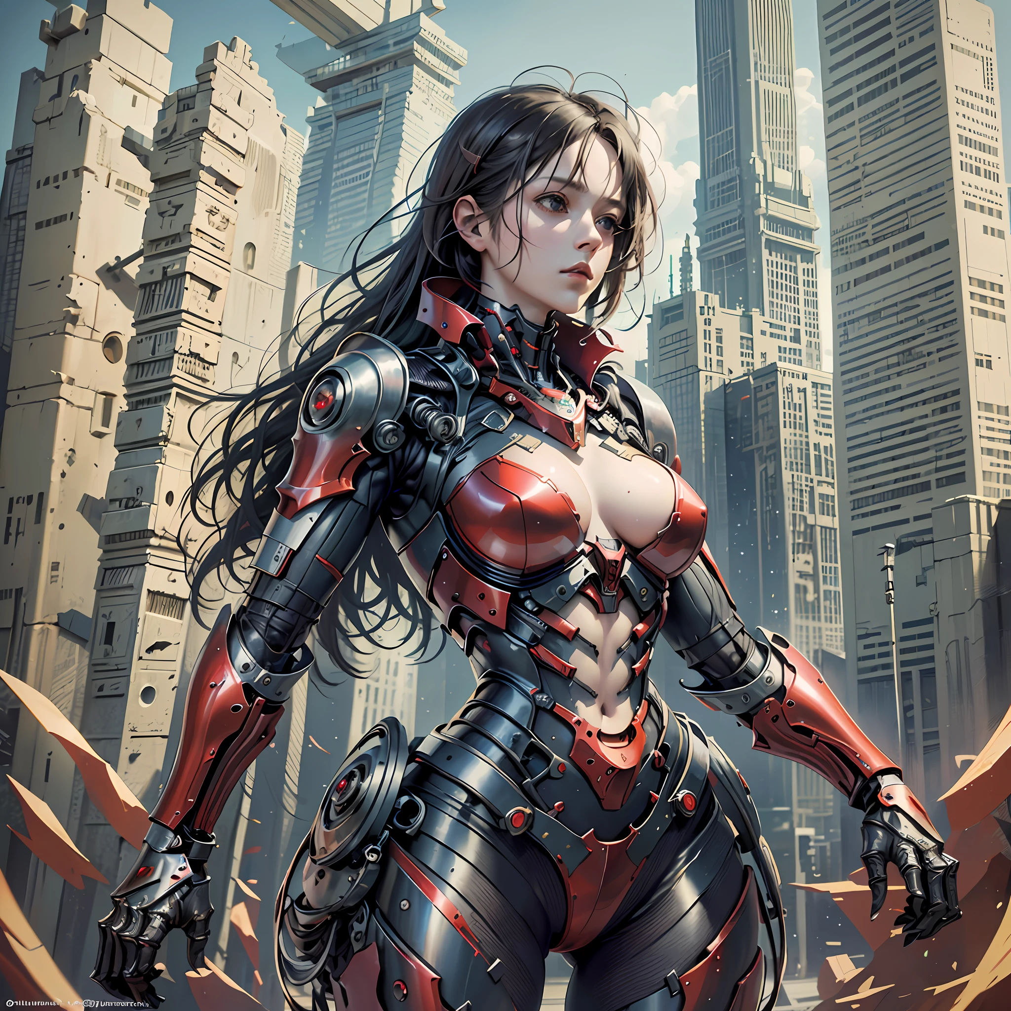 (masterpiece), (best quality), 8k resolution, RAW photo, realistic, ultra detailed, 1girl, girl in exoskeleton, red armor, mechanical, stunning beauty, upper body, stand, cool pose, posing, battle field