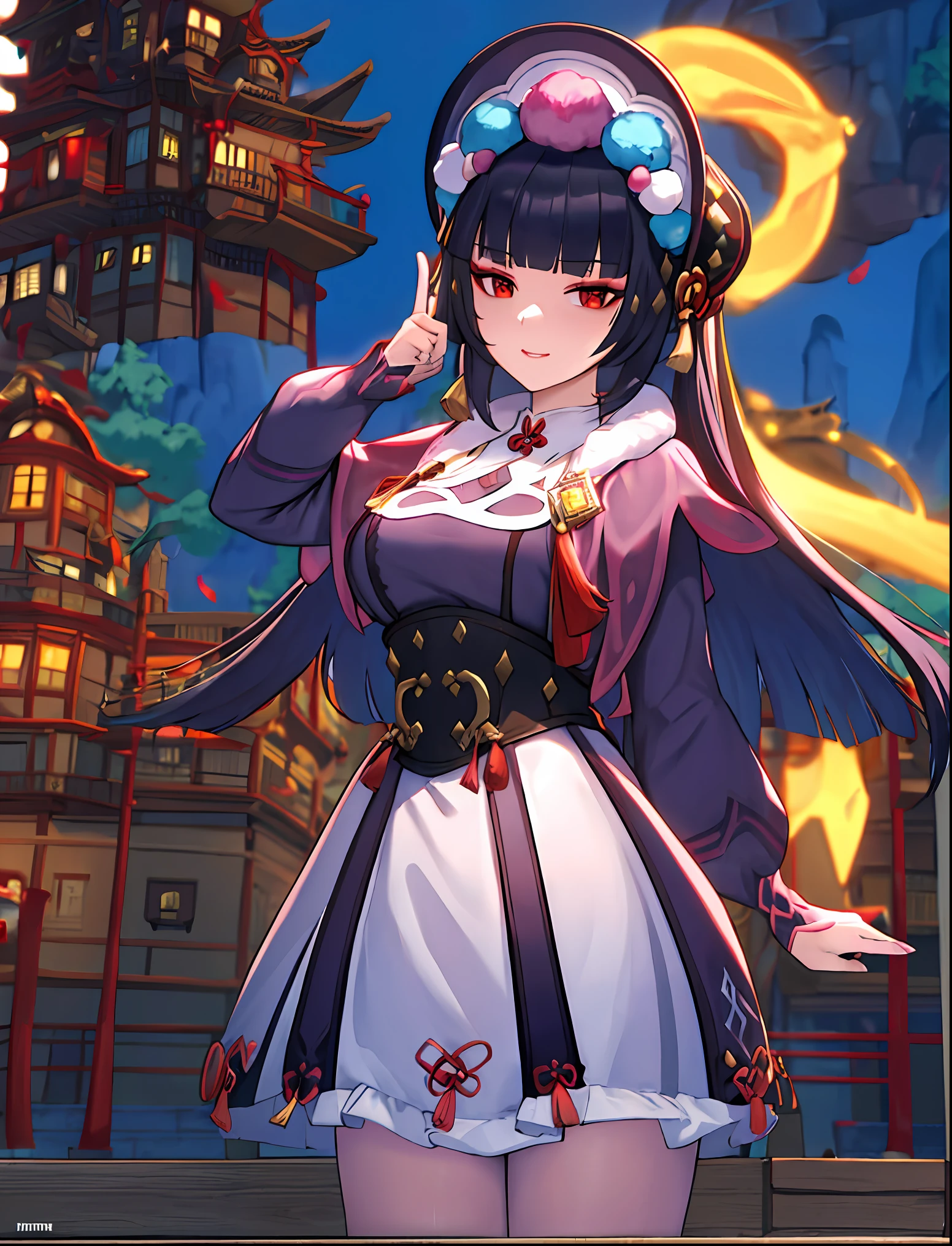 ((masterpiece:1.2)), yunjin(genshin impact), best quality, (pretty face), dramatic lighting,1girl, solo, blunt bangs, hime cut, black corset, black hair, collar, mascara, ((red eyeshadow)), long hair, sidelocks, floating hair, looking at viewer, (makeup), pink capelet, qi lolita, red eyes, puffy long sleeves, bonnet, purple dress, ((large breasts)), (under bust), parted lips, light smile, hand up, index finger raised, skirt, (purple pantyhose), (wind blowing skirt), anime screencap, (night sky), east asian architecture, Liyue, tassel, black footwear, (half closed eyes), genshin impact, boots, (full body view), ((official art)),