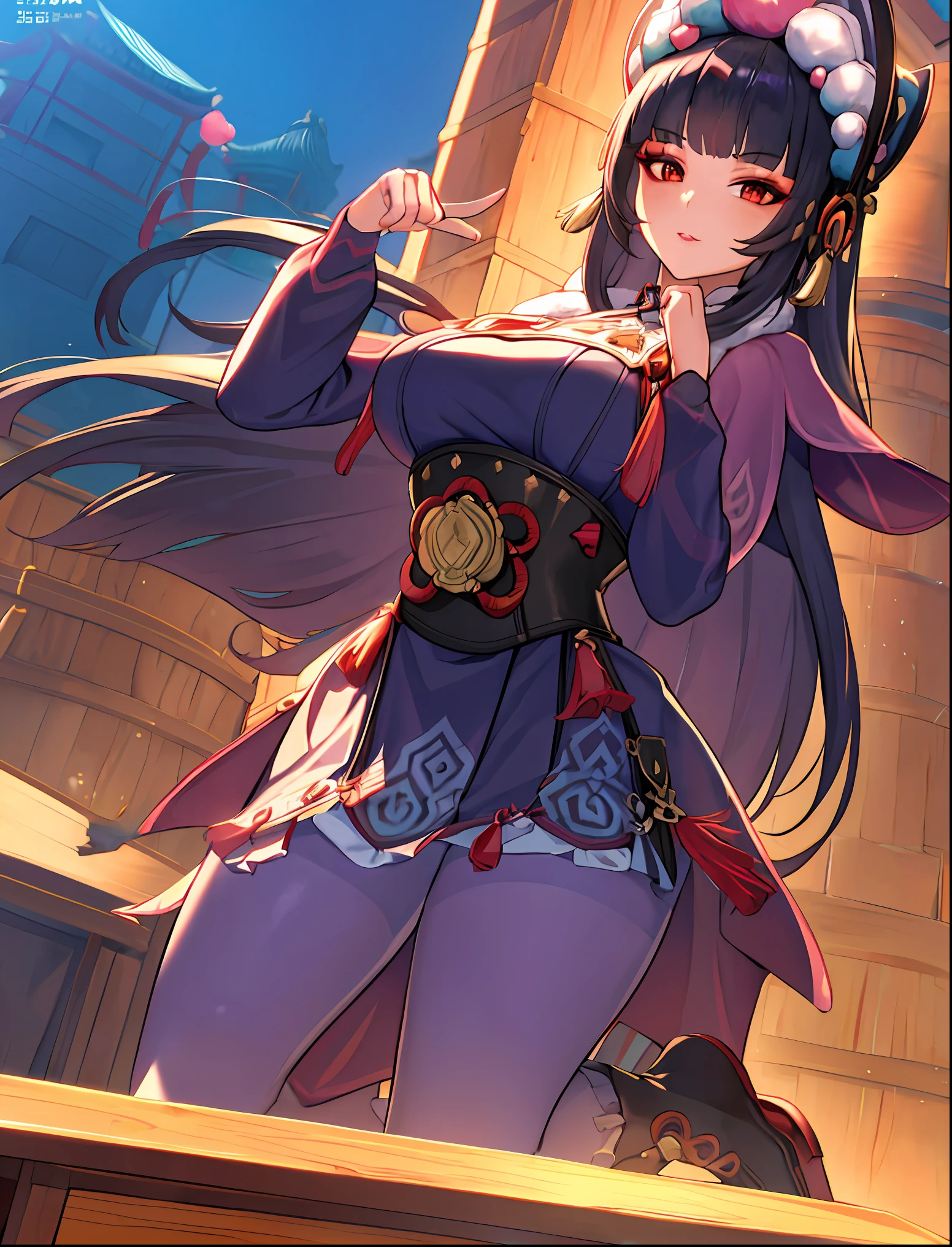 ((masterpiece:1.2)), yunjin(genshin impact), best quality, (pretty face), dramatic lighting,1girl, solo, blunt bangs, hime cut, black corset, black hair, collar, mascara, ((red eyeshadow)), long hair, sidelocks, floating hair, looking at viewer, (makeup), pink capelet, qi lolita, red eyes, puffy long sleeves, bonnet, purple dress, ((large breasts)), (under bust), parted lips, light smile, hand up, index finger raised, skirt, (purple pantyhose), (wind blowing skirt), anime screencap, (night sky), east asian architecture, Liyue, tassel, black footwear, (half closed eyes), genshin impact, boots, (full body view), ((official art)),