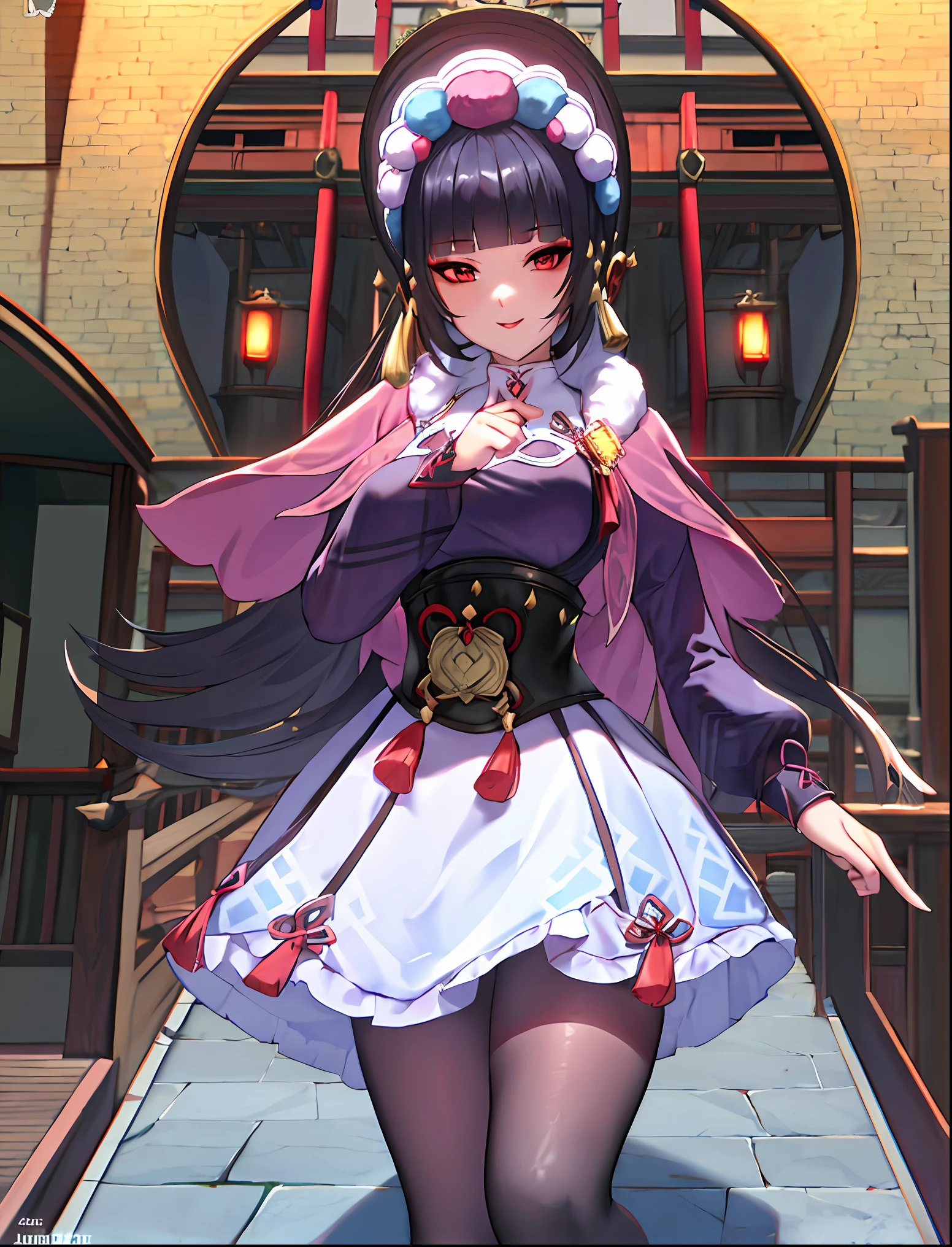 ((masterpiece:1.2)), yunjin(genshin impact), best quality, (pretty face), dramatic lighting,1girl, solo, blunt bangs, hime cut, black corset, black hair, collar, mascara, ((red eyeshadow)), long hair, sidelocks, floating hair, looking at viewer, (makeup), pink capelet, qi ****ta, red eyes, puffy long sleeves, bonnet, purple dress, ((large breasts)), (under bust), parted lips, light smile, hand up, index finger raised, skirt, (purple pantyhose), (wind blowing skirt), anime screencap, (night sky), east asian architecture, Liyue, tassel, black footwear, (half closed eyes), genshin impact, boots, (full body view), ((official art)),