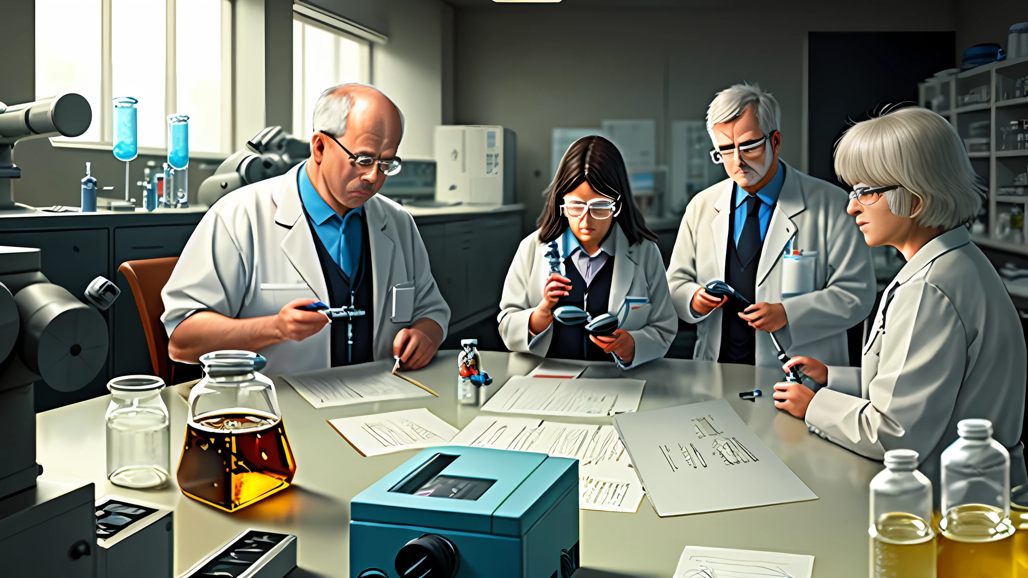 ultrarealistic RAW photography of bigger biochemical laboratory with scientists, serious middle age man looking into microscope, some flacons and small bottles with motor oil examined on the table, ultradetailed, sunny day atmosphere