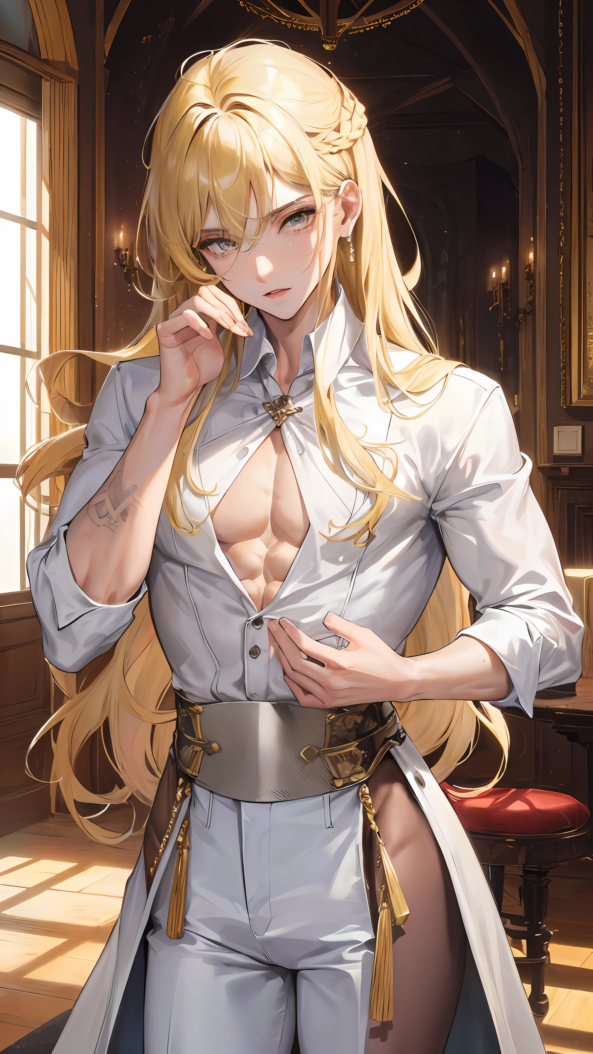 man, masculine, attractive, muscular, ((1man)), masterpiece, absurdres, best quality ,intricate details , (shiny skin, shiny body, shiny oily luster skin, shiny hair, pale skintone), old castle, Sundown, attractive, ((muscular)), adult, one, tattoo ,white blouse, earrings, brown pants, Don't look at the view , Not looking at the view, blonde very long hair, perfect detailed face, perfect detailed hands