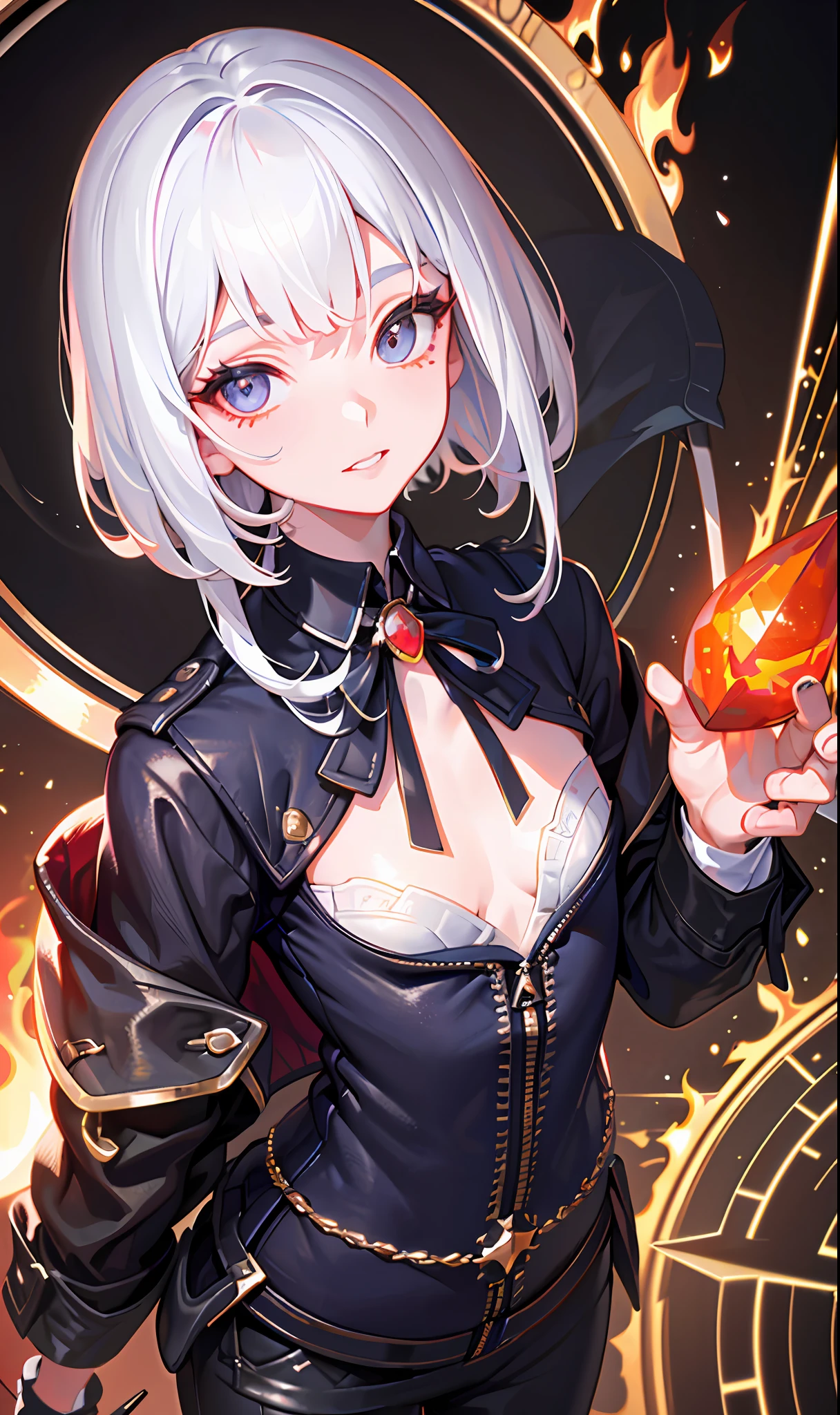 (masterpiece, sidelighting, finely detailed beautiful eyes: 1.2), (masterpiece*portrait), portrait, (bust), realistic, 3d face, lusious skin, ((solo)), (close-up of face), (fire opal-like eyes), (obsidian prosthetic eye), hanging eye angle, ((high detail skin, visible pores)), (perfect figure), a beautiful girl, small breasts, ((short jacket)), (neck ring), (short gloves as short as half a palm)