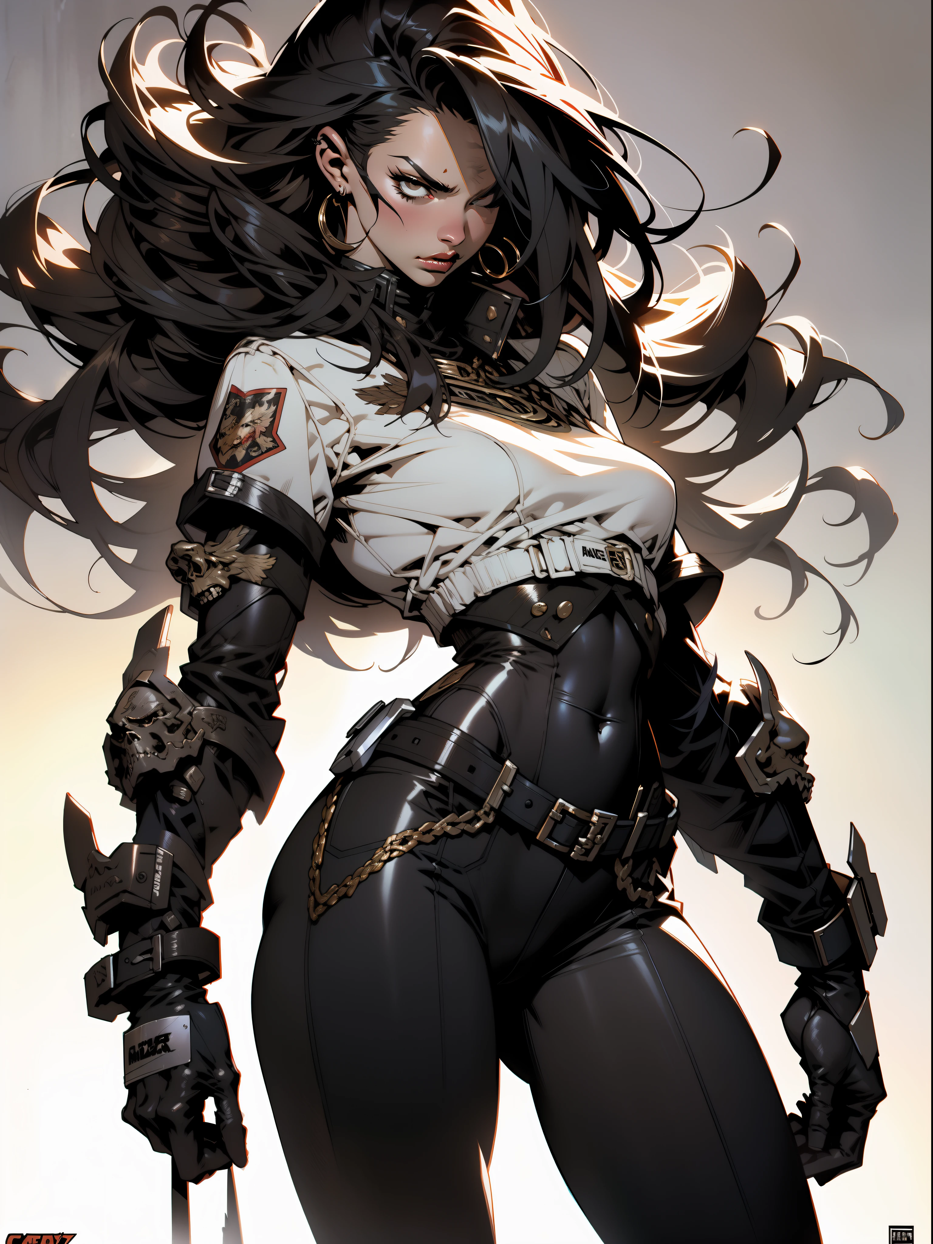 Uma guerreira mulher de 35 anos musculosa quase nua no estilo Simon Bisley para a capa da revista Heavy Metal, cabelo metade preto metade branco, Minimum clothing, Roupas curtas,