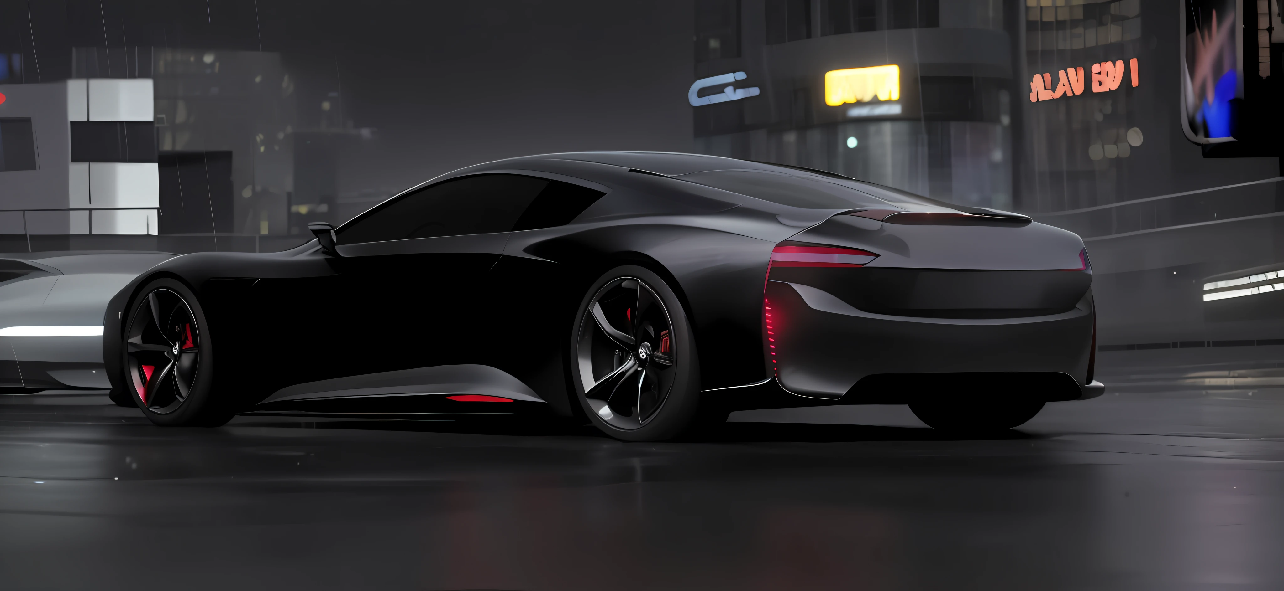 Black car，Concept car，futuristic concept car，Smooth lines，Powerful，Rendering of a futuristic supercar，The car in the picture is on a rainy street，rainstorm，Realistic rendering，Realistic light and shadow，Reflective details，City background，ultrahighres，side，Rear side of the car，strong contrast between light and dark