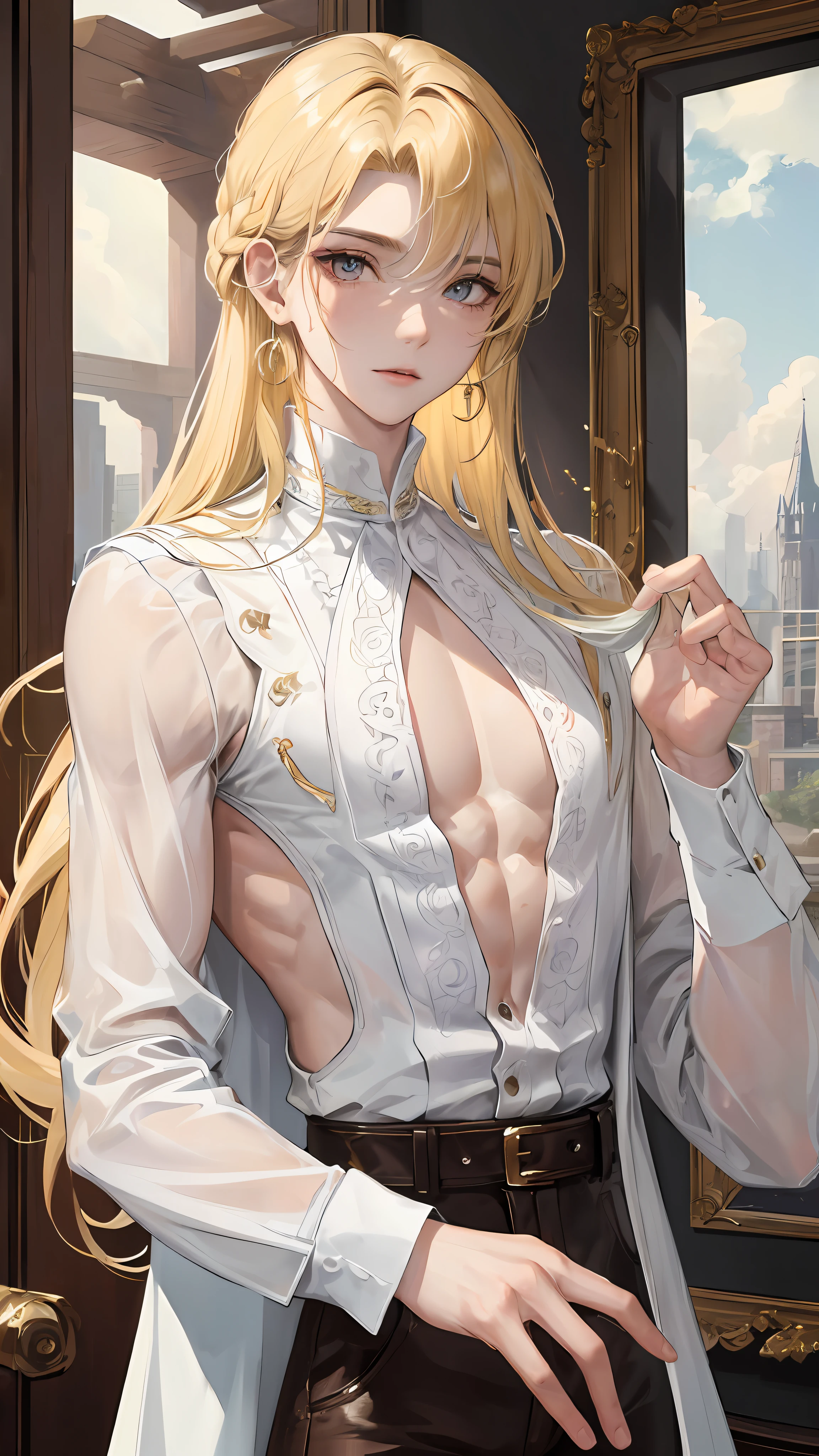 man, masculine, attractive, muscular, ((1man)), masterpiece, absurdres, best quality ,intricate details , (shiny skin, shiny body, shiny oily luster skin, shiny hair, pale skintone), old castle, Sundown, attractive, ((muscular)), adult, one, tattoo ,white blouse, earrings, brown pants, Don't look at the view , Not looking at the view, blonde very long hair, perfect detailed face, perfect detailed hands