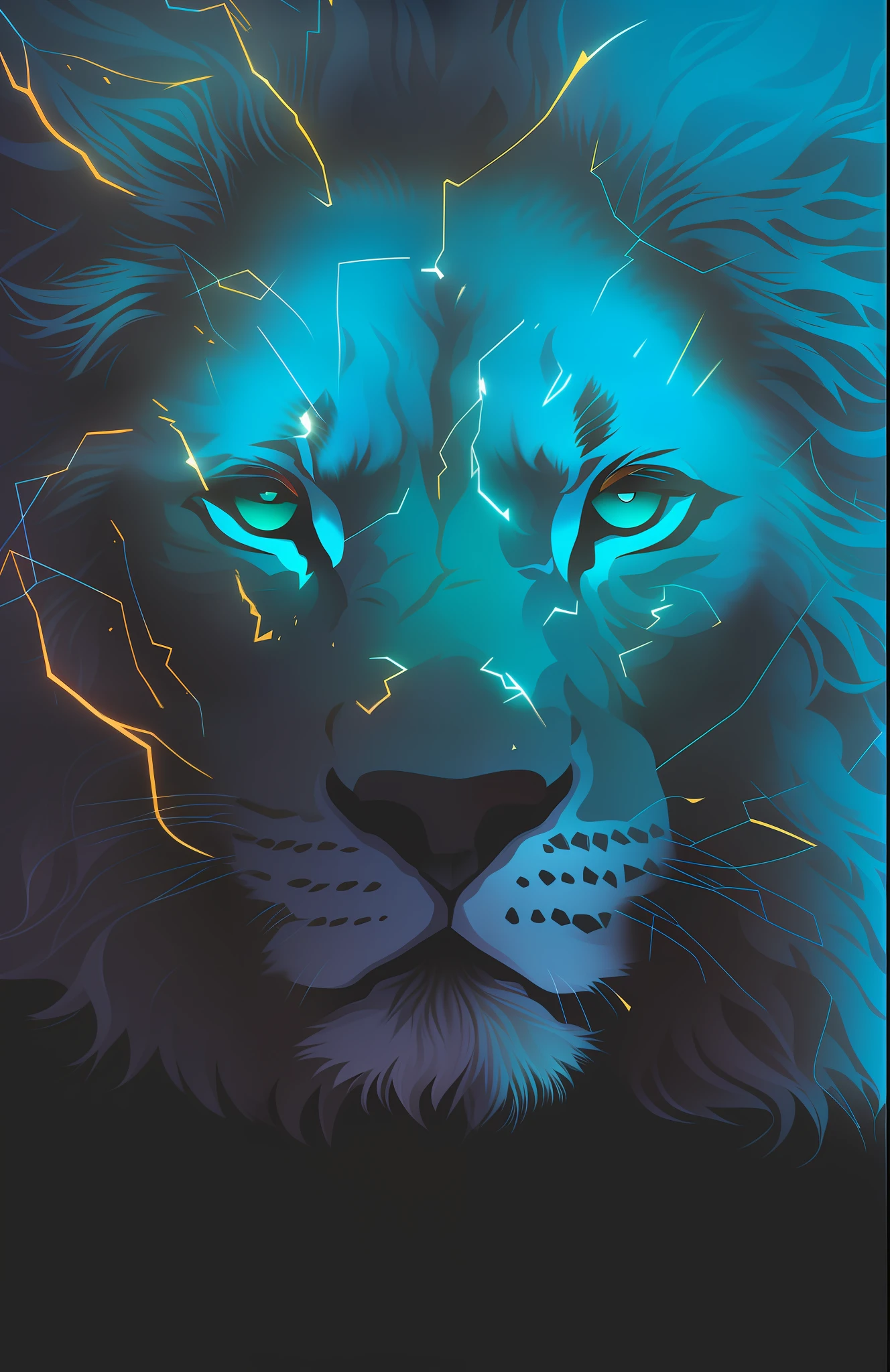 there is a lion with blue eyes and a black mane, roaring blue lion. majestoso, Direction: Adam Marczyński, face of an lion, lion, half lion, lion head, com luzes azuis brilhantes, leao guerreiro, with the mane of a lion, third lion head, arte digital animal foto, Jen Bartel, epic digital art illustration