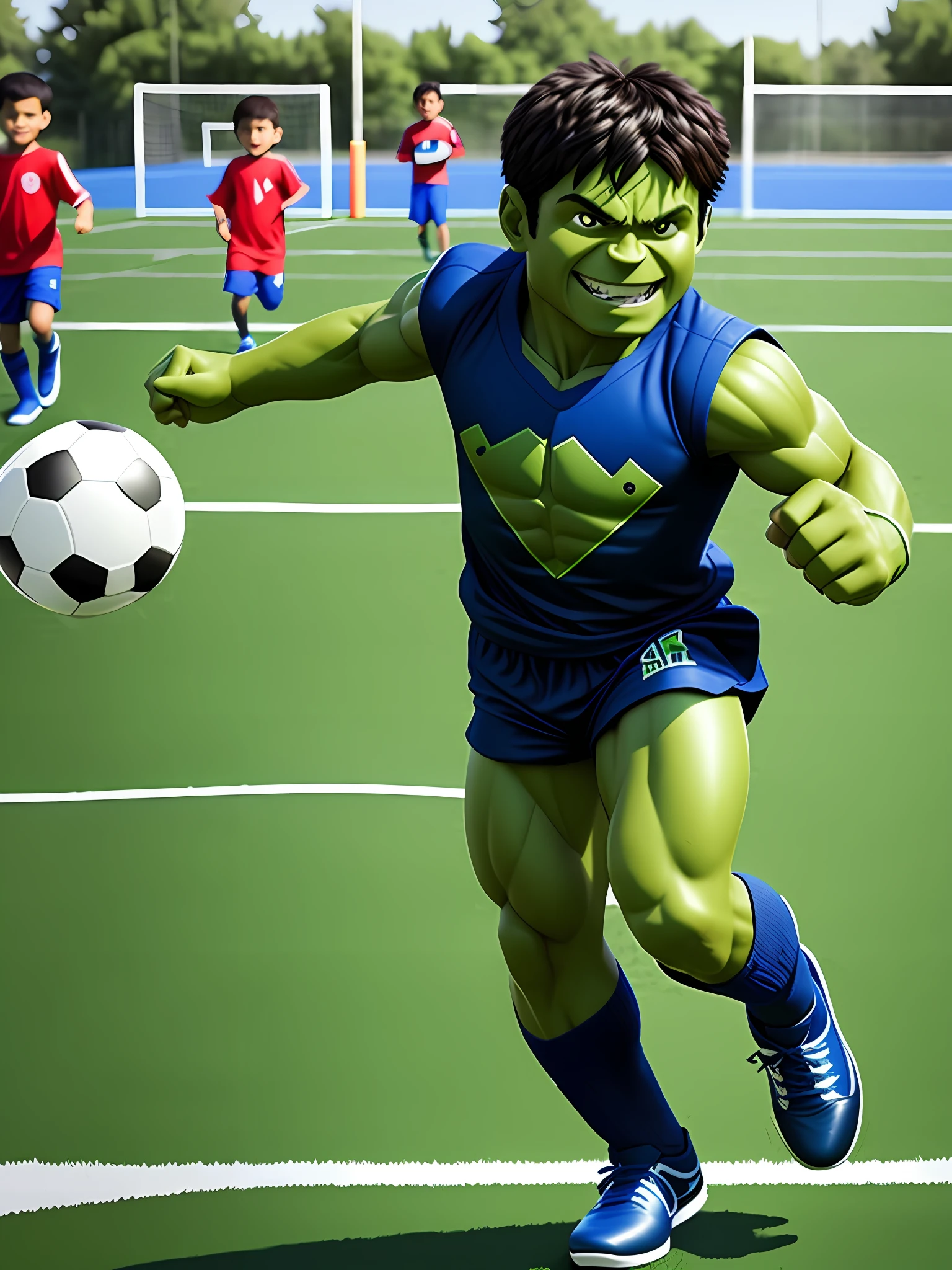 Masterpiece,best quality,8k,high graphic,hero HULK as a ??? playing football with the childrens in a football court,detailed children,kick the ball,smile ,detailed smile, cute HULK,short HULK,ultra detailed quality,ultra detailed graphic