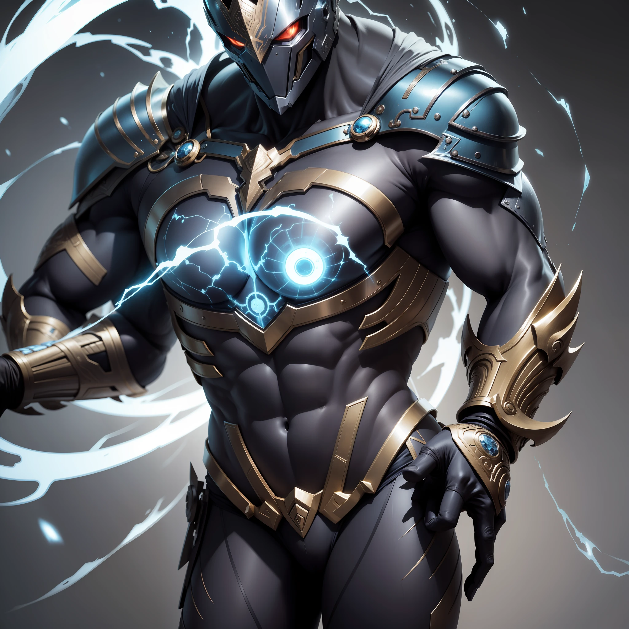 Head: Azrael has a sculpted head with angular and striking strokes. Her skin is pale and almost translucent, conferindo-an ethereal air. His eyes are an intense blue, brilhantes como safiras, com pupilas em formato vertical, similar to those of a feline. Acima deles, ele tem uma testa levemente proeminente. Sua cabeleira prateada, longa e sedosa, cascades down to the middle of the back.

Shoulders and arms: Azrael's broad, muscular shoulders denote an imposing strength. Their arms are covered by a thin layer of metallic skin, com ranhuras e detalhes que lembram uma armadura. This mechanical structure is integrated into your muscles, providing enhanced strength. Tribal tattoos accompany the transition from human to metallic skin, adding an ancestral touch to your appearance.

Peitoral e barriga: His breastplate is carved, with defined muscles and a metallic coating similar to that of the arms, but more flexible to allow fluid movements. A pele no peito exibe marcas ancestrais incrustadas em uma fina camada de cristal, que brilham suavemente quando Azrael canaliza seus poderes. Your belly is slightly toned, displaying an athletic form, with subtle metallic details that integrate harmoniously into your body structure.

hands,: Azrael's hands are big and powerful, with a metallic appearance similar to that of the arms. Each finger is articulated and lined with metal plates interlaced with complex circuits. Its palm displays an arcane symbol in relief, brilhando com uma energia pulsante quando ele utiliza seus poderes. Despite its mechanical appearance, His hands are agile and skillful.

Feet: Your feet are proportional to the body, also coated by a flexible and resistant metal structure. The grayish skin blends perfectly with the metallic coating. The feet have strengthened joints, enabling agile and quiet movements. Biomechanical details, como amortecedores integrados, ensure absorption  -