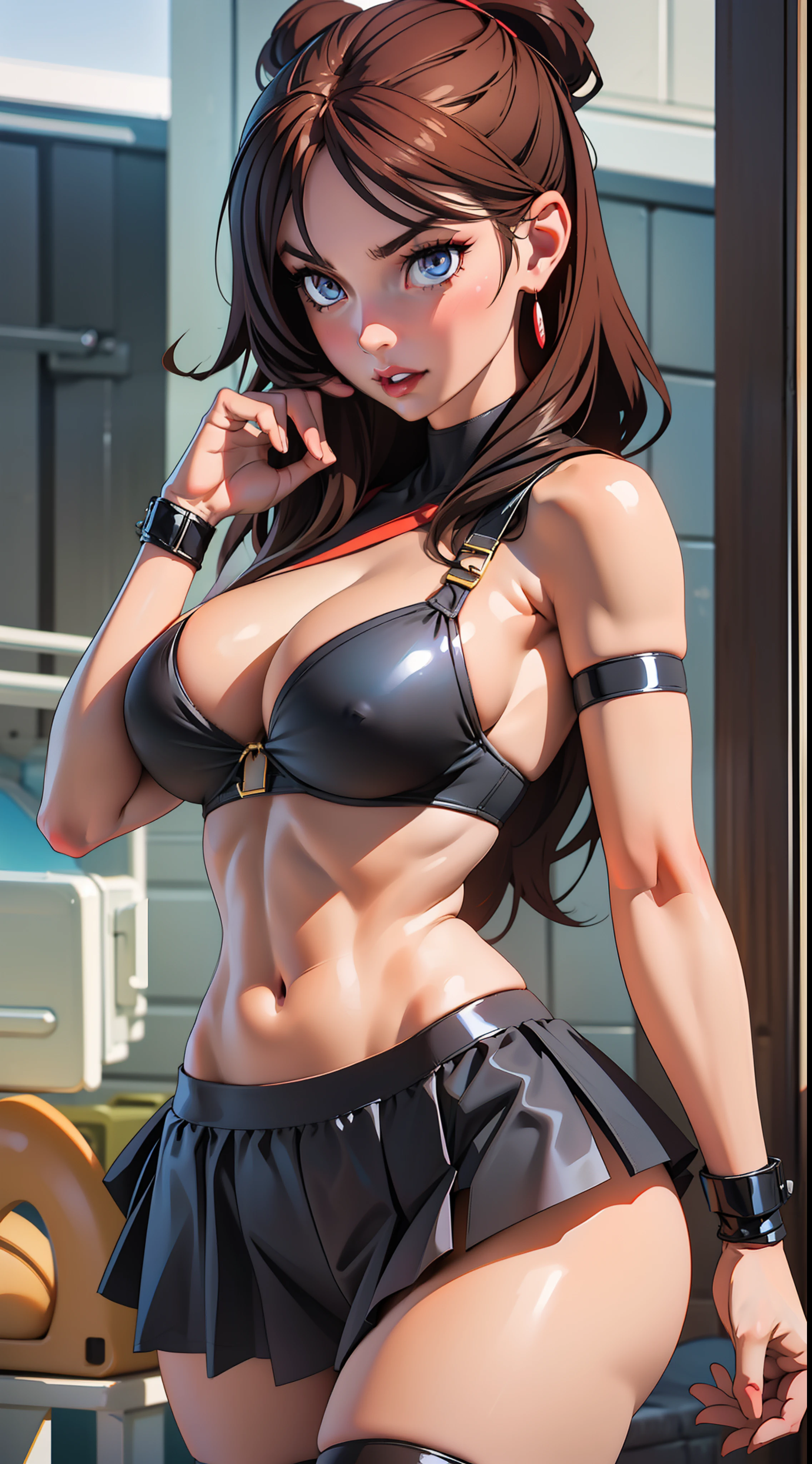 1 girl, action pose, lewd face, sexy, cleavage, brown hair, brunette, blue eyes, black bikini, black skirt, black panties, black bra, thigh highs, short sleeves, armpits, large breasts, wide hips, thick thighs, muscles, abs, no teeth, beautiful face, realistic, ray traced, beautiful eyes, red lipstick