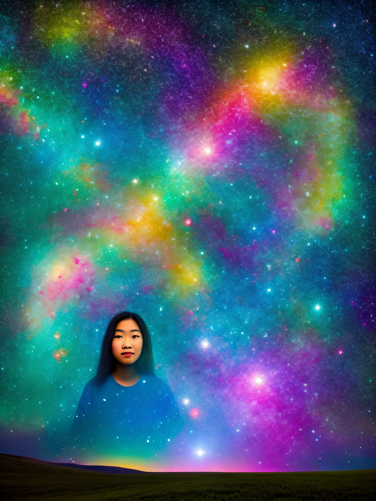 A cosmic image of double exposure combining a starry sky with a portrait of people of various ethnicities, criado usando Pixar 3D, inspirado na obra da artista Elsa Chang. The scene shows a woman standing in a field at night, olhando para as estrelas acima delas, while their double exposure is a galaxy with colorful nebulas. The color temperature is cool with a blueish hue, and the atmosphere is dreamy and surreal. A pessoa's expression is one of wonder and amazement. The lighting is soft, casting a gentle glow on the person and the surroundings. --em 5 --Estilizar 1000
