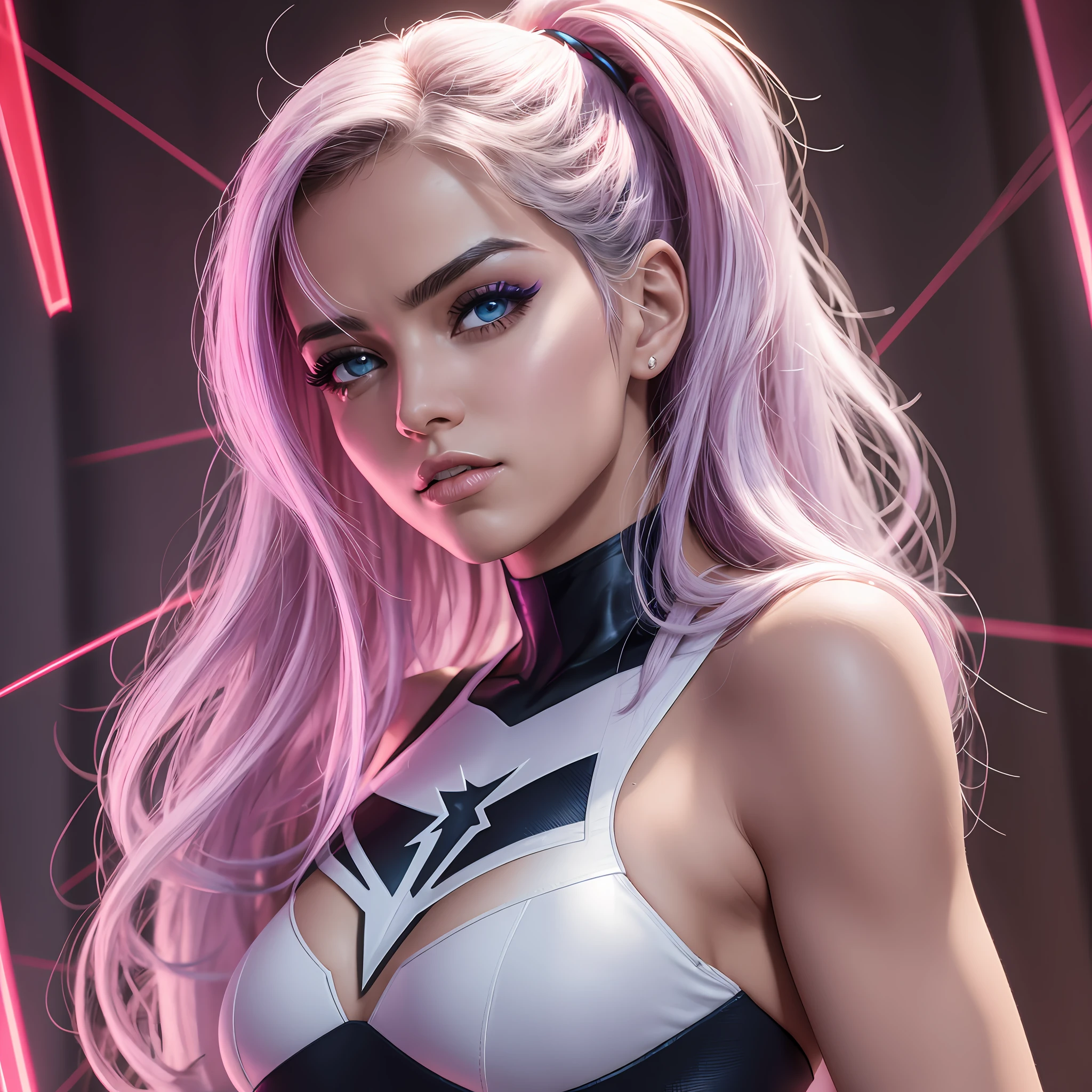 linda mulher, sexo feminino, super heroi, atirando laser pelos olhos, detalhado, cinematic, 3d, uhd, altamente detalhada, Outfit that's a mix of Super Girls and Spider Gwen, altamente realista --auto --s2