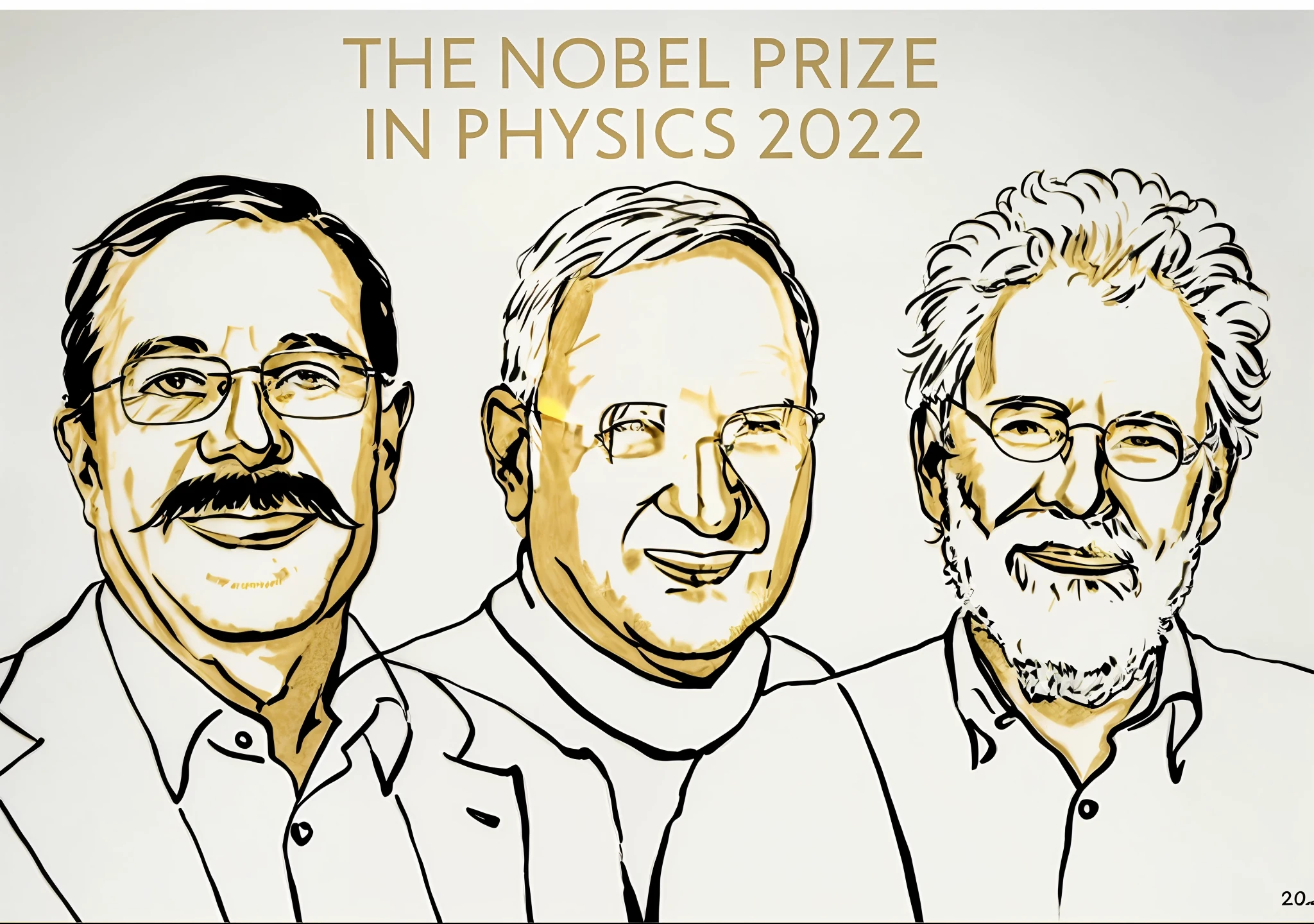 a close up of a drawing of three men with glasses, nobel prize, 2023, 2 0 2 3, 2 days, 2D, 🪔 🎨;🌞🌄, 🌻🎹🎼, time magazine 2 0 2 2, photo of the year 2 0 2 2, scientists, 🕹️ 😎 🔫 🤖 🚬