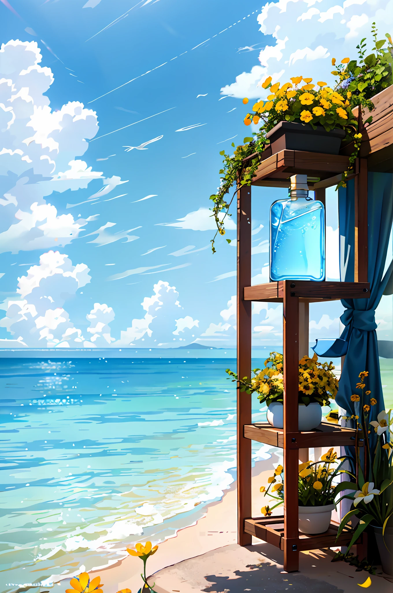 Hyper realistic scene, cosmetic bottle surrounded by yellow flowers, blue sky background, water, sunlight, low angle view, blender, product rendering, HD 8K. --v6