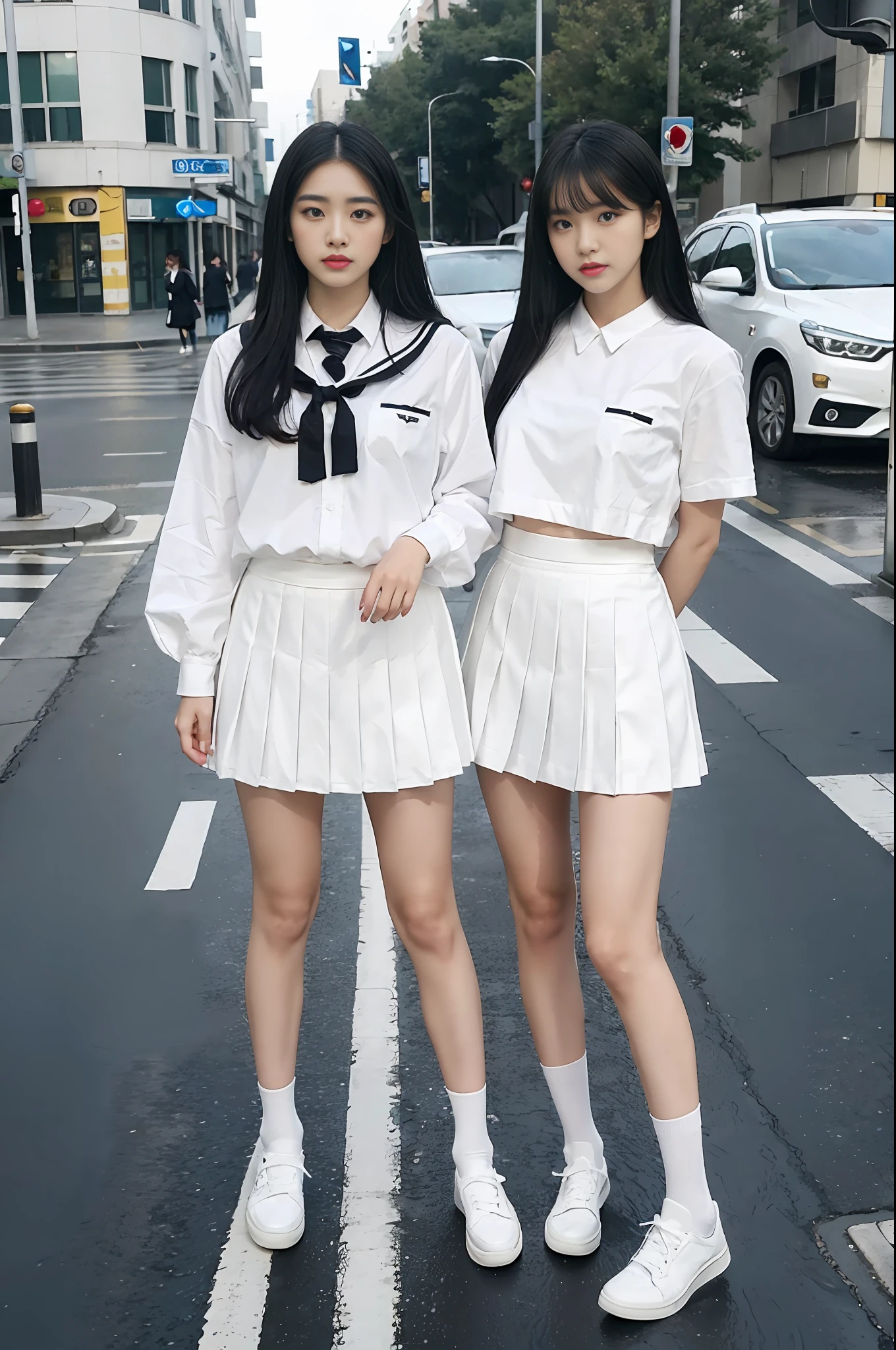 Long black hair, white skin, Chinese, young, thick eyebrows, black eyes, natural expression, transparent white JK uniform, black JK short skirt, pleated skirt, rainy street, slim legs, white socks, white shoes, full body, realistic, 8k, masterpiece, high resolution, high resolution, anatomically correct, high resolution