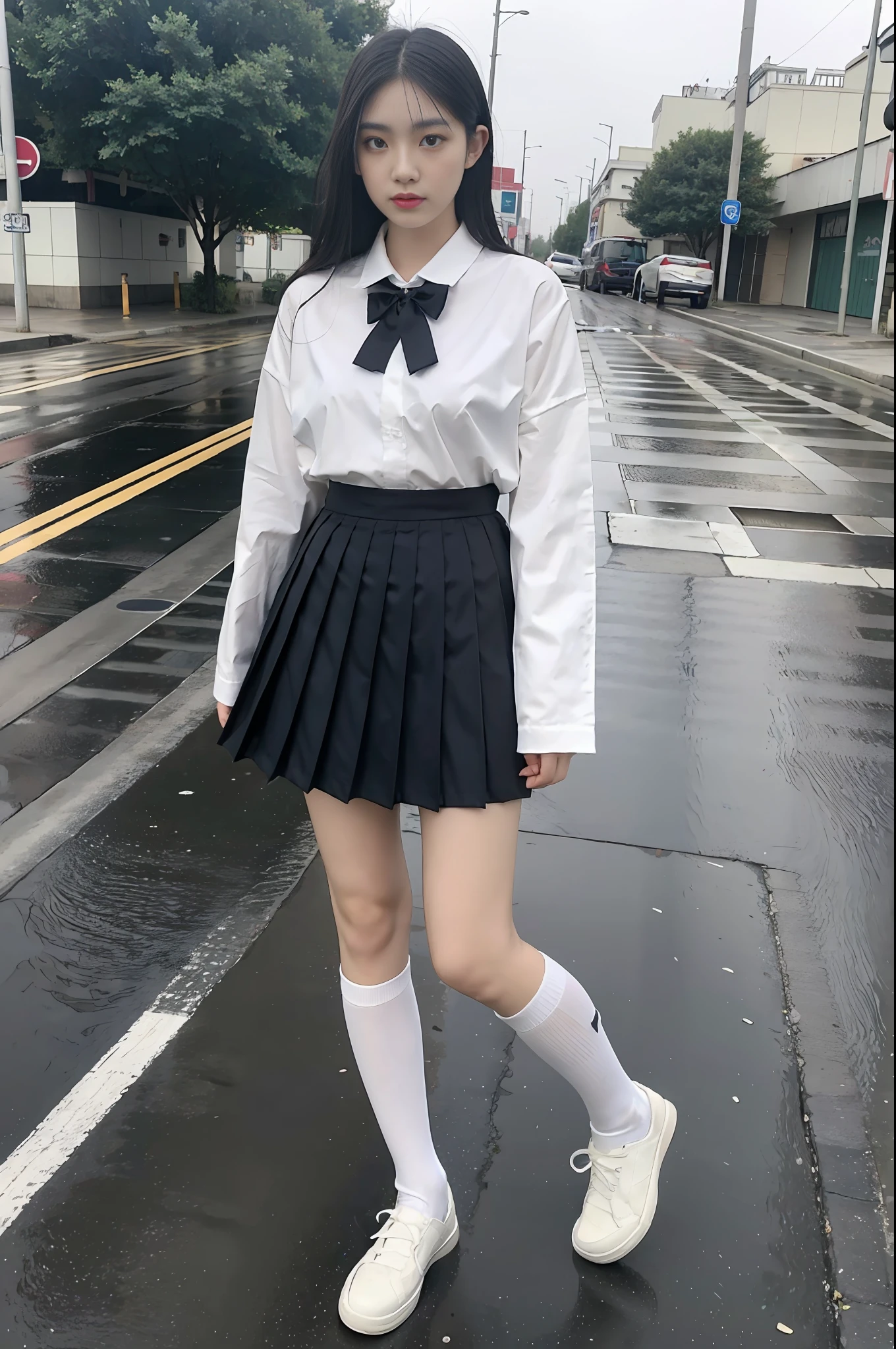 Long black hair, white skin, Chinese, young, thick eyebrows, black eyes, natural expression, transparent white JK uniform, black JK short skirt, pleated skirt, rainy street, slim legs, white socks, white shoes, full body, realistic, 8k, masterpiece, high resolution, high resolution, anatomically correct, high resolution