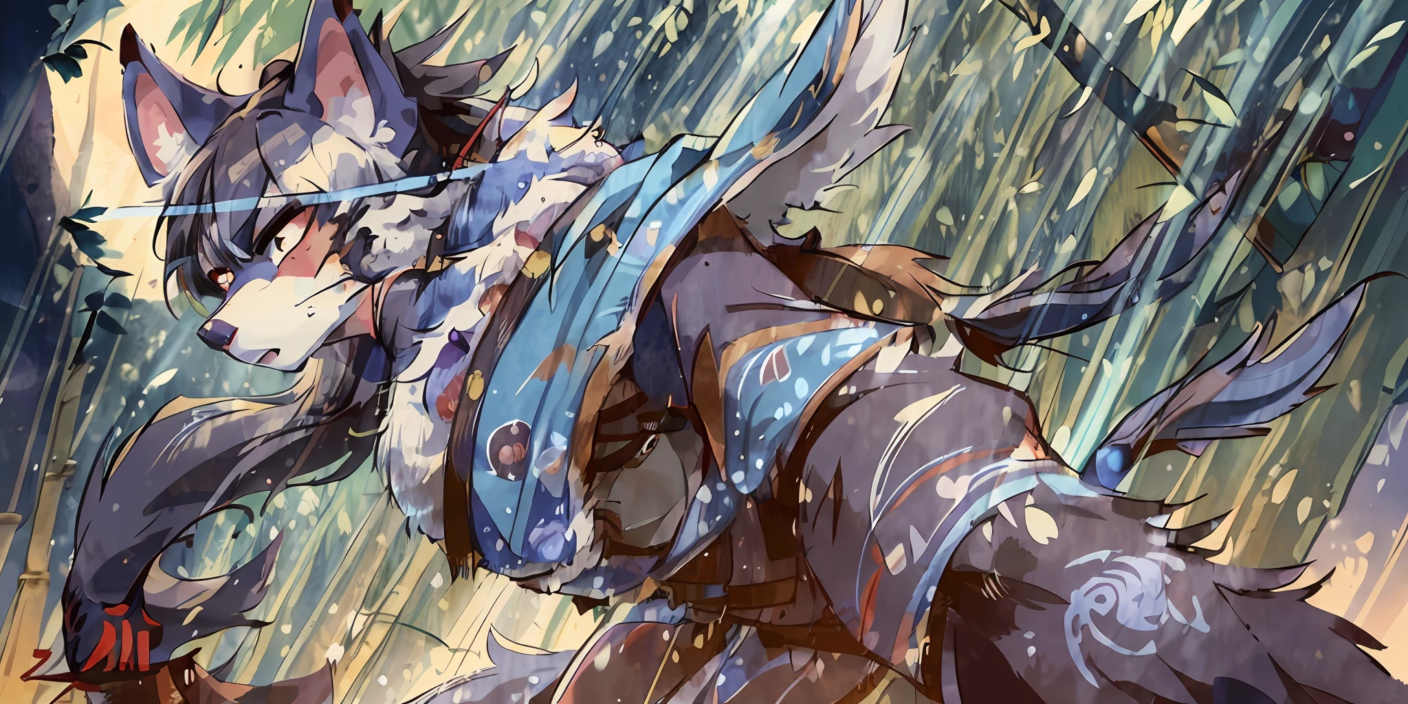 Top quality ultra-fine illustrations, movie poster, Zatoichi, Blind Swordsman, shuimobysim, Chōjū-jinbutsu-giga, picture scroll, tarot card(bamboo forest, dark night with beautiful full moon, rays of light through bamboo, backlighting)(beautiful face and eyes with great detail)absurdres perfect anatomy((Beastman))(furry, solo focus, Japanese kimono, ninja, samurai, sword with blue flames, battle duels)(furry anthro:1.7)(((furry body, wolf facial features,  wolf body features)))(((wolf muzzle highly detailed fur)))full body, sturdy look, shouting, combat regime, dash (dynamic pose),