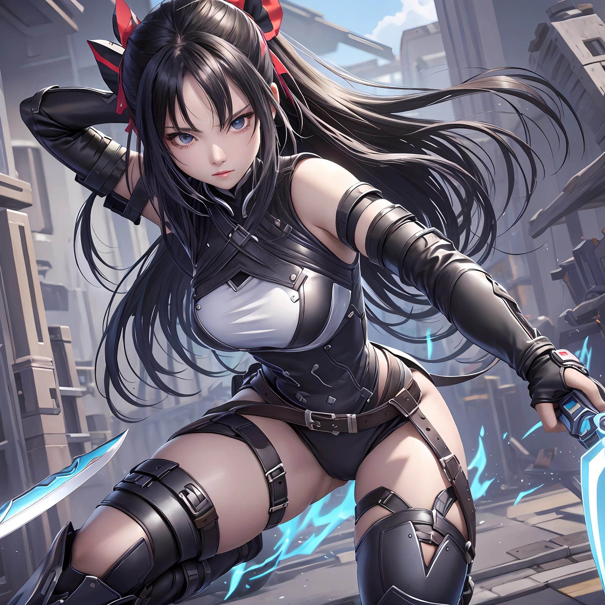 Fantastic Fighting Girl、Dual-wielding、knife,、long black hair、full entire body、Cute、、sexy --auto --s2