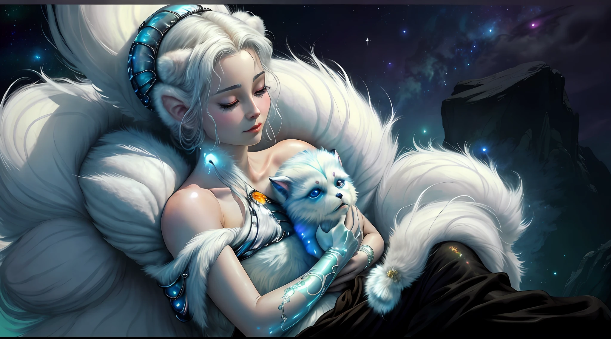 breathtaking masterpiece, best quality, highest quality, highly detailed, exquisite, award winning 8K digital painting of an ethereal and (incredibly beautiful female alien:1.4) with luminescent body parts that shimmer like stardust (lying gracefully on a steep cliff:1.2), casting a watchful gaze over (the galaxy:1.33), (a fluffy creature rests on her shoulder:1.8), intricate details, golden ratio, BaroqueAI, v0id3nergy, by Louis Royo