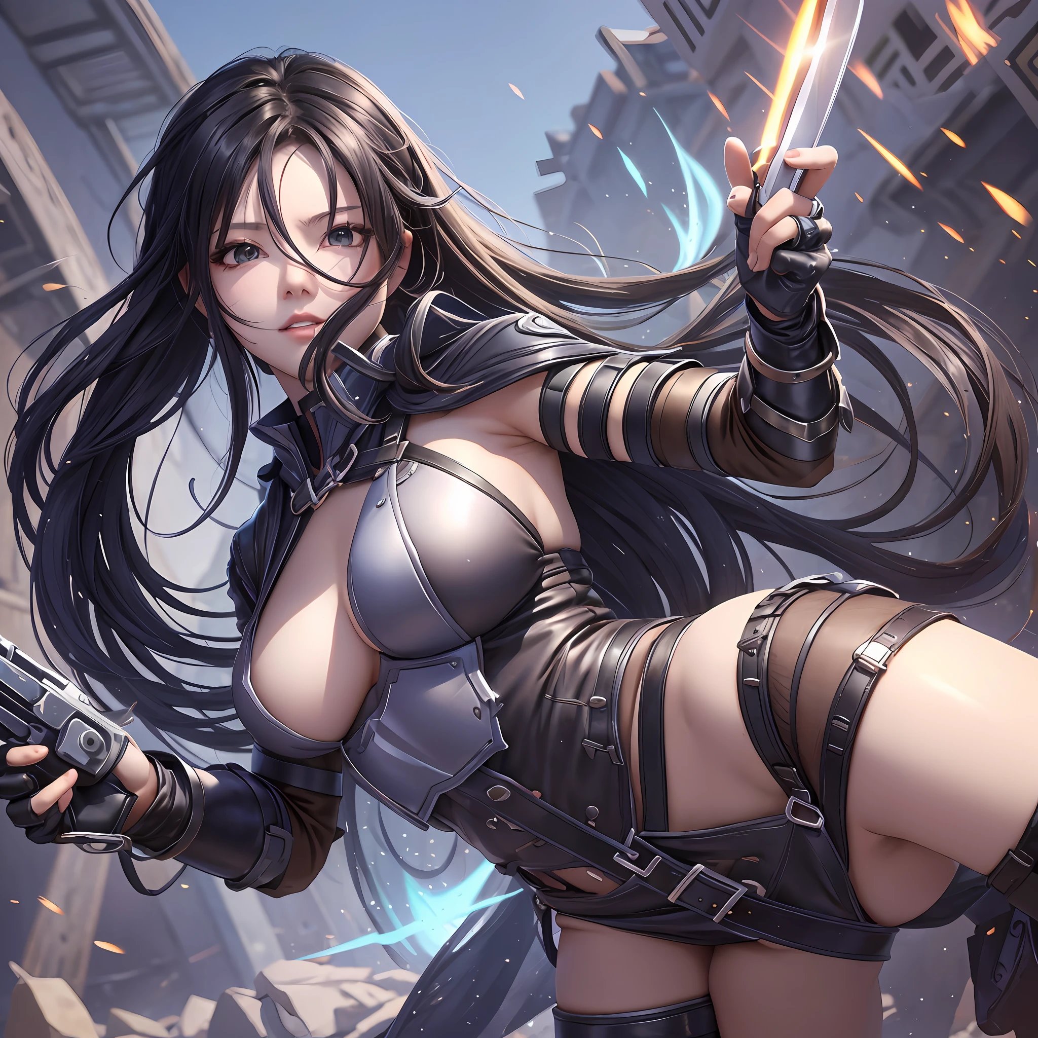 Fantastic Fighting Girl、Dual-wielding、knife,、long black hair、full entire body、Cute、、sexy --auto --s2