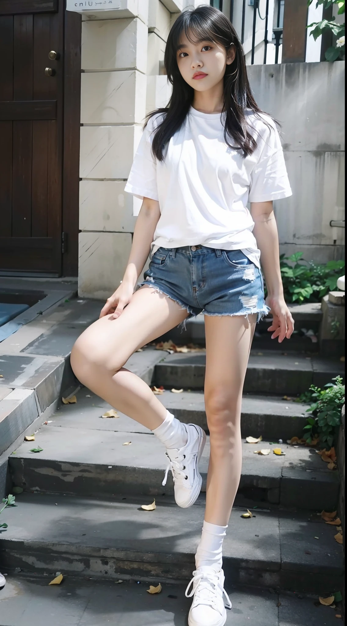 A GIRL,High Quality,a masterpiece,Wearing a white T-shirt,denim shorts,Long Black Hair,exquisite face,White sock,White shoes,standding,full-body shot
