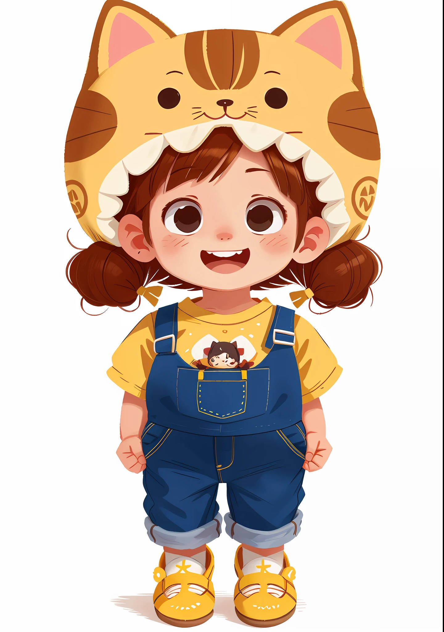 Blind box toy style, with a cute cat cat hood, a cute girl with yellow-brown hair, strappy jeans, a pocket with logo printed on the front of the suspenders, flat shoes, and a happy face