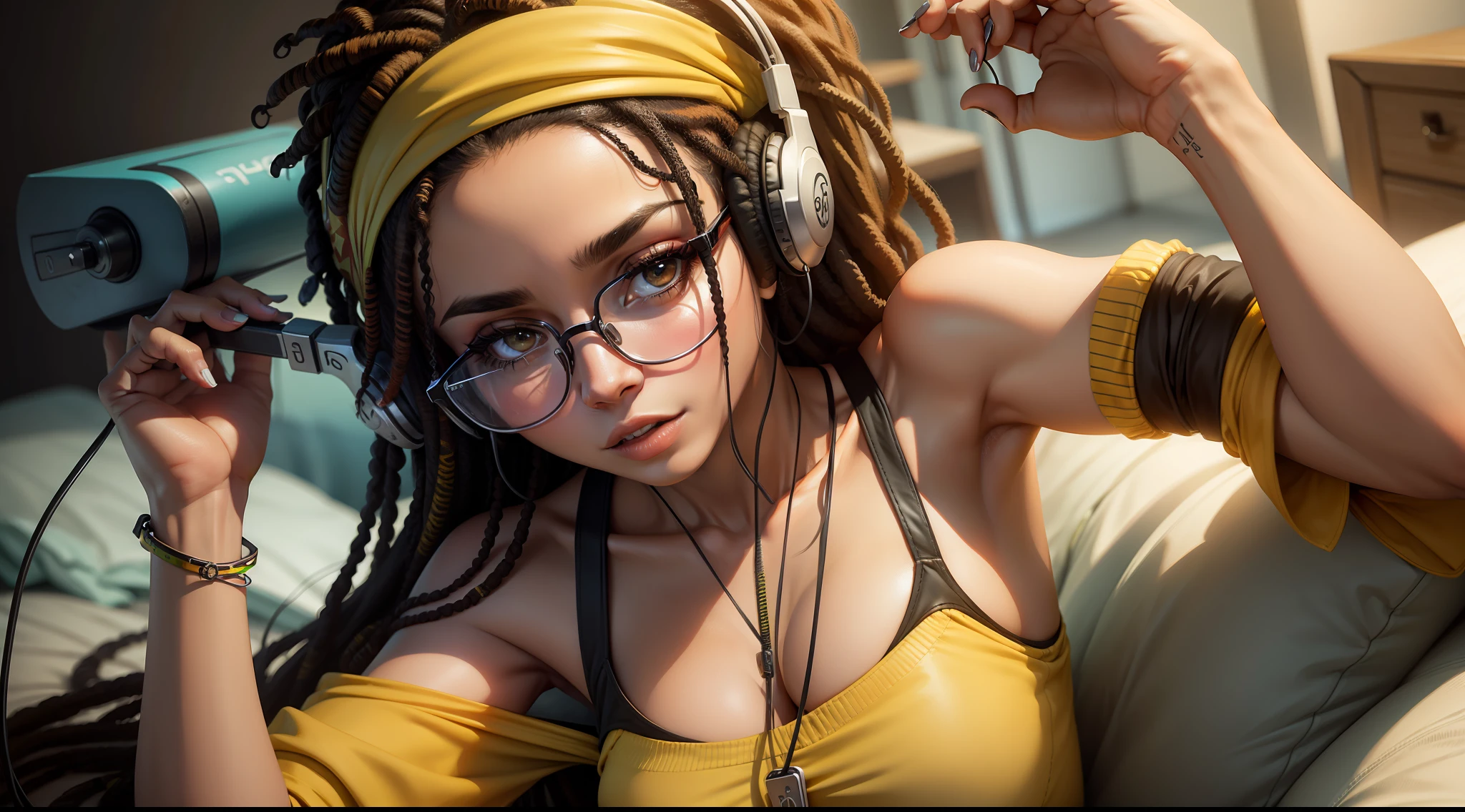 Beautiful woman wearing glasses and headphone, com olhos fechados, fundo estilo reggae Jamaica