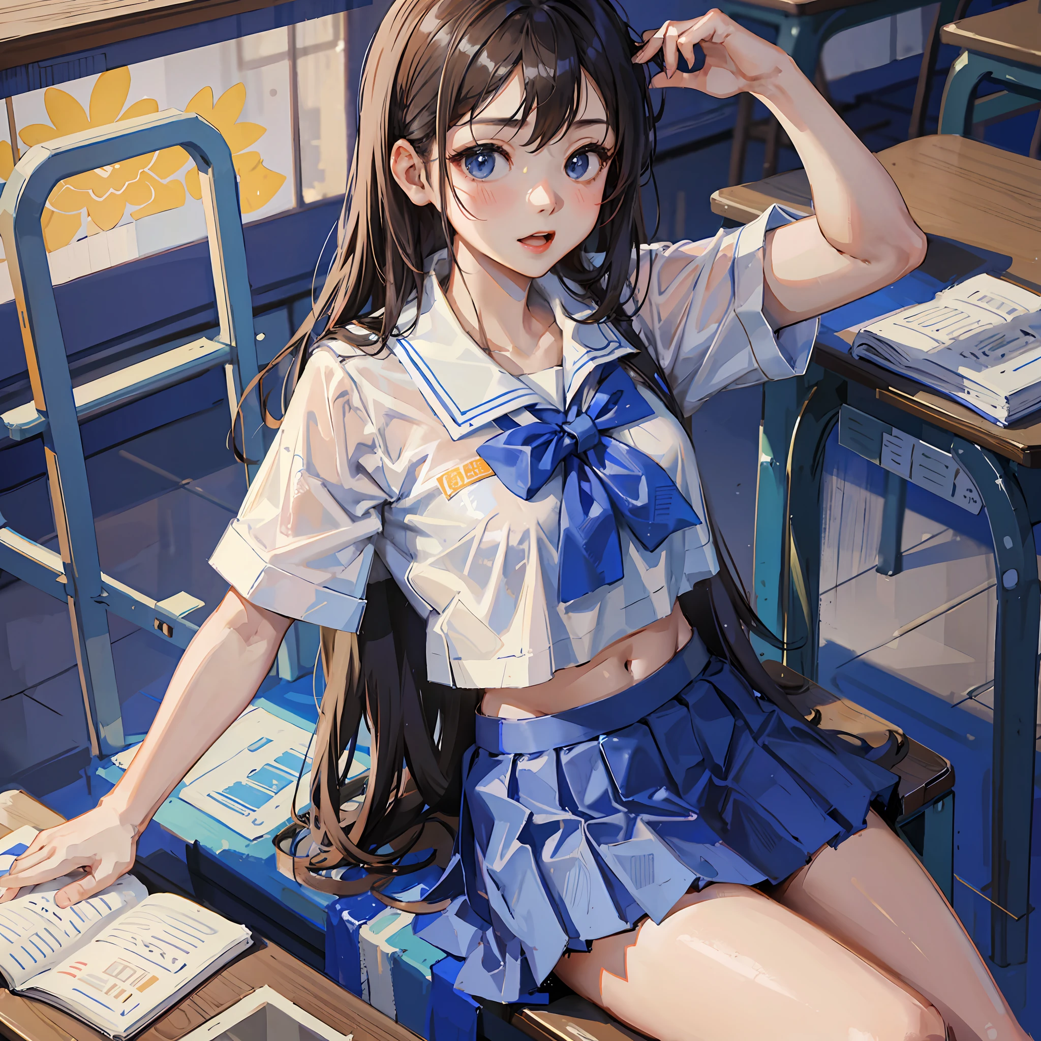 A cute Chinese girl wearing a blue and white sports school uniform，Sit alone in a chair in the classroom，The top is open without pulling the lock，The belly of the bra inside is exposed。The skirt is short，And wear very far underneath --auto --s2