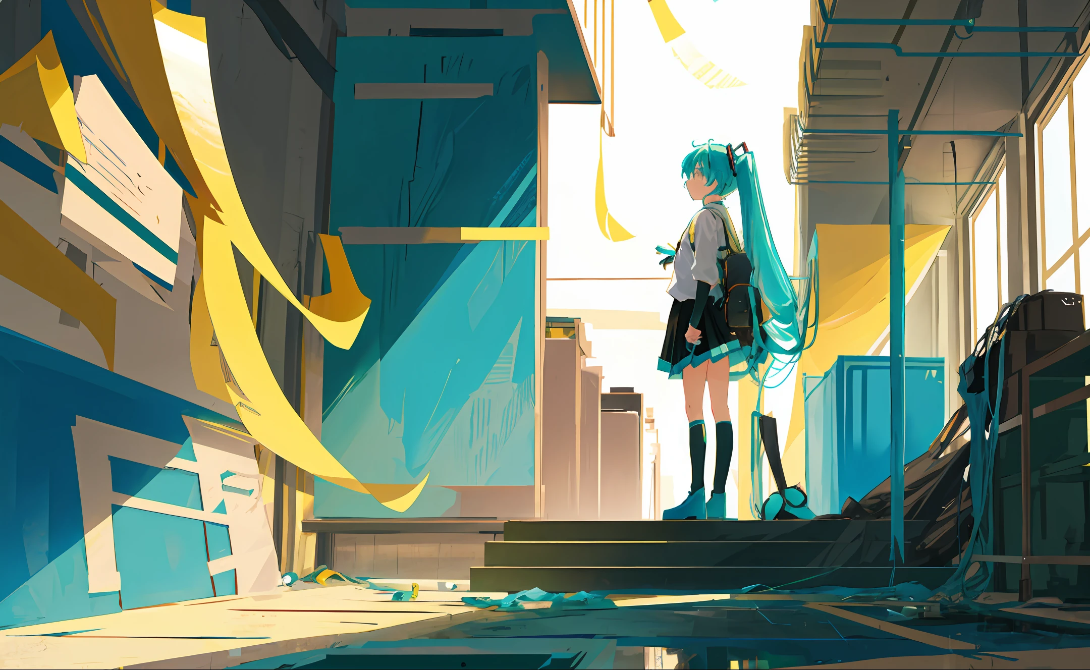 Hatsune Miku in a room full of trash, (best quality, masterpiece), (1 girl, solo, standing , looking at viewer, full body), masterpiece, best quality, hyper detailed,cinematic pose,dramatic angle,cinematic light, japanese anime style,8k, backlighting