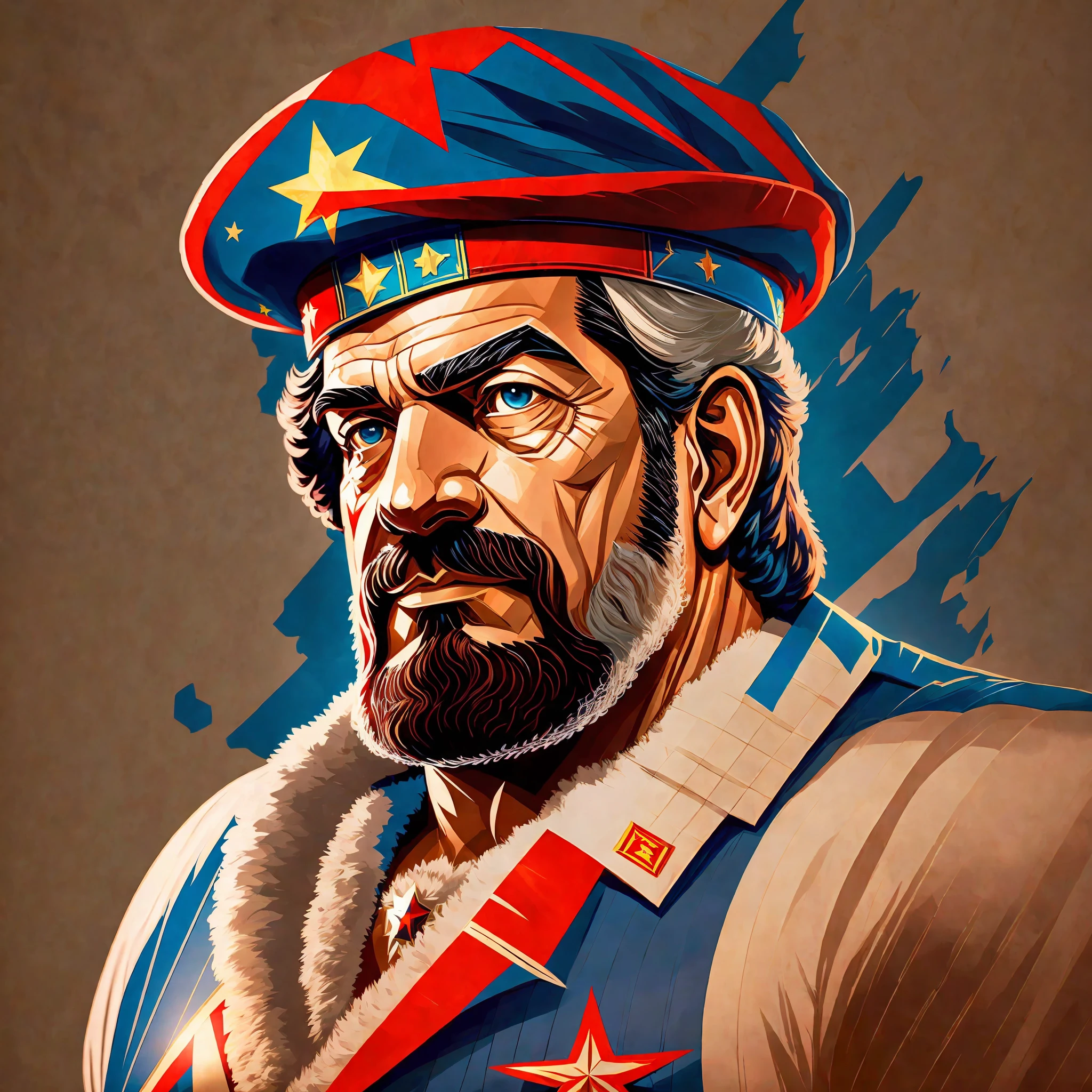 Make a painting of Luís Inácio Lula da Silva as if the president were a captain america 8k, shigh definition, rosto detalhado e barbudo. The background of this painting will have the symbols of the Brazilian flag + perfectionism The Hat will be the beret of Ernesto Che Guevara with the symbol of the PT (estrela) na ponta. Os olhos detalhados, terno detalhado, estilo Marvel abrasileirado e DC, hiper-realista, + Filmagem + dynamic composition, incrivelmente detalhado, nitidez, detalhes + Appearance of the chief sovereign of a transatlantic ship + + Realismo premiado ((ambient lighting)) --auto --s2