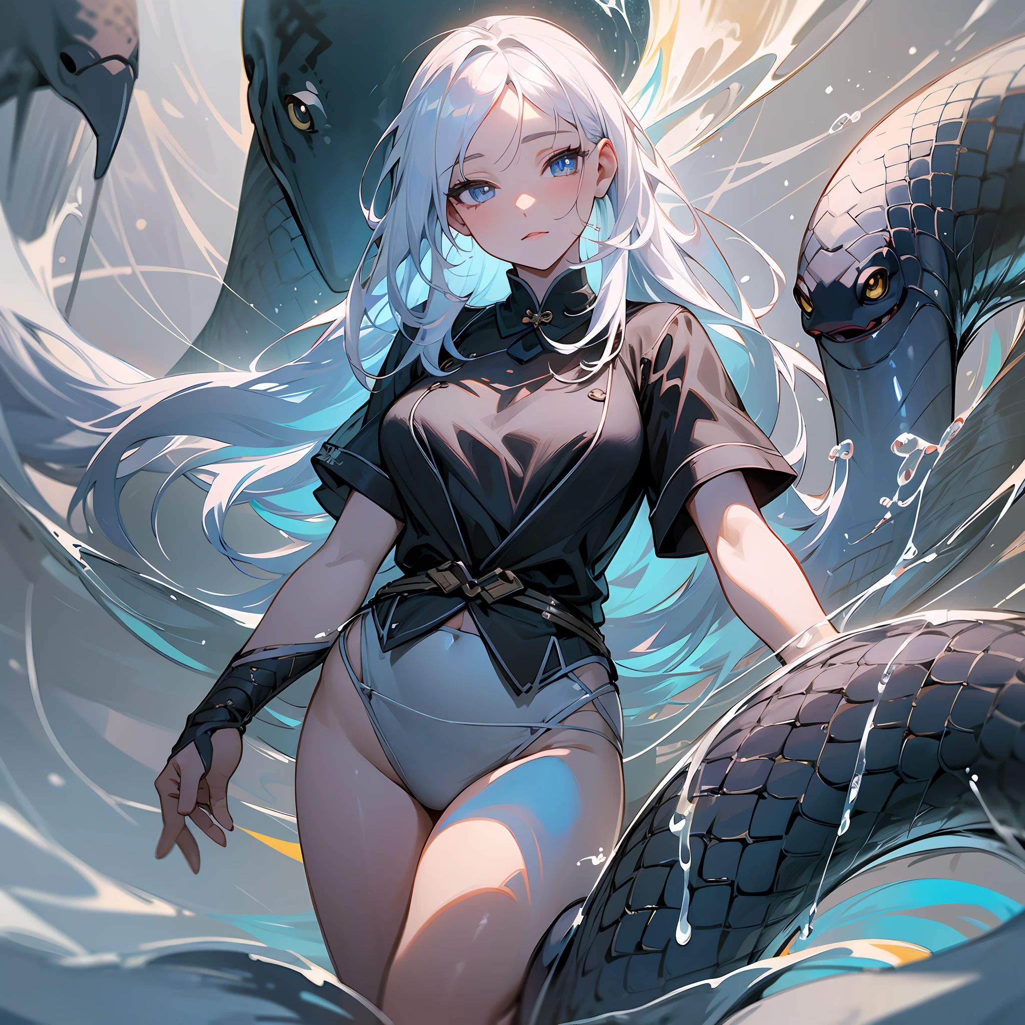 (Ultra Realistic), (Illustration), (Increased Resolution), (8K), (Extremely Detailed), (Best Illustration), (Beautiful and Detailed Eyes), (Best Quality), (Ultra Detailed), (Masterpiece ), ( wallpaper), (detailed face), solo, 1 girl, looking at viewer, Her skin was as white as snow,The black shirt is slightly tighter,Hook a delicate body,The arc is as smooth as flowing water,The man's waist is slightly curved like a water snake --auto --s2