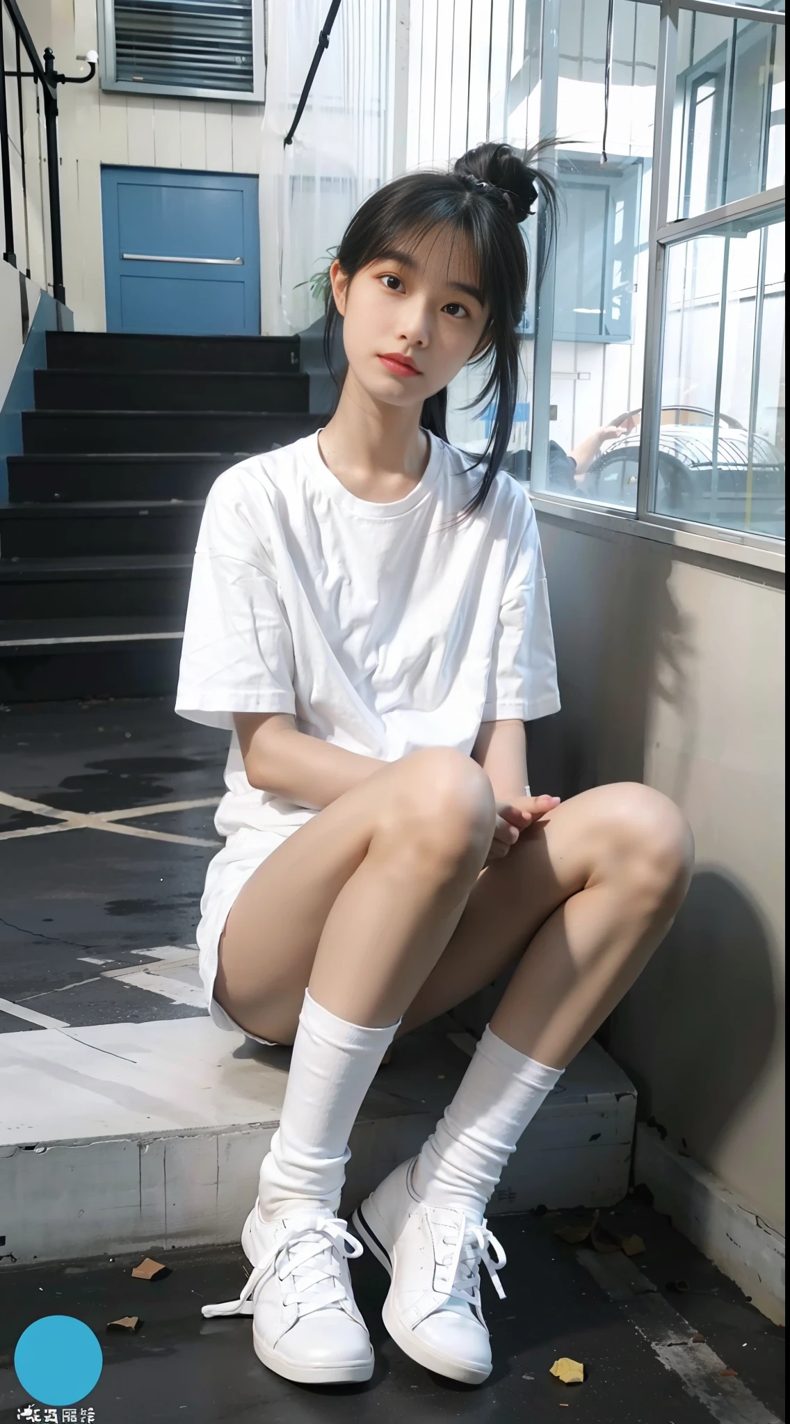 A GIRL,High Quality,a masterpiece,Wearing a white T-shirt,denim shorts,Long Black Hair,exquisite face,White sock,White shoes,standding,full-body shot